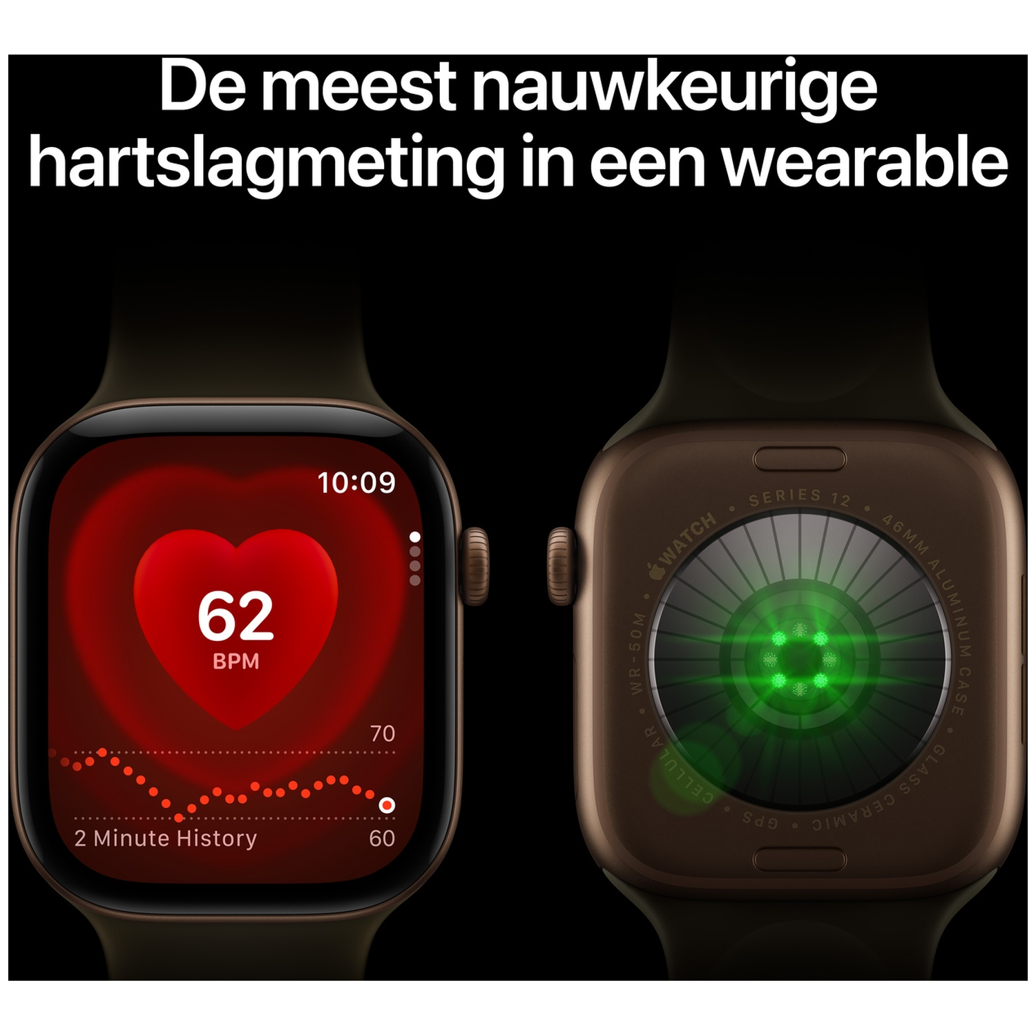 Twee weergaven van een smartwatch tegen een zwarte achtergrond: links de voorkant met hartslag, rechts de achterkant.