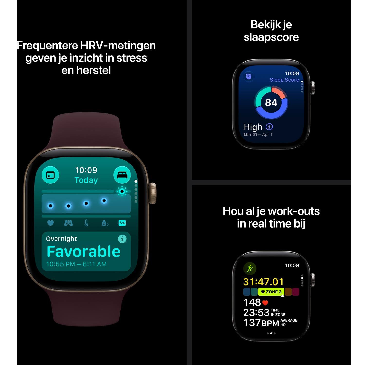 Smartwatch toont gezondheidsmetingen zoals HRV, slaapscore en realtime workout-tracking op zwarte achtergrond.