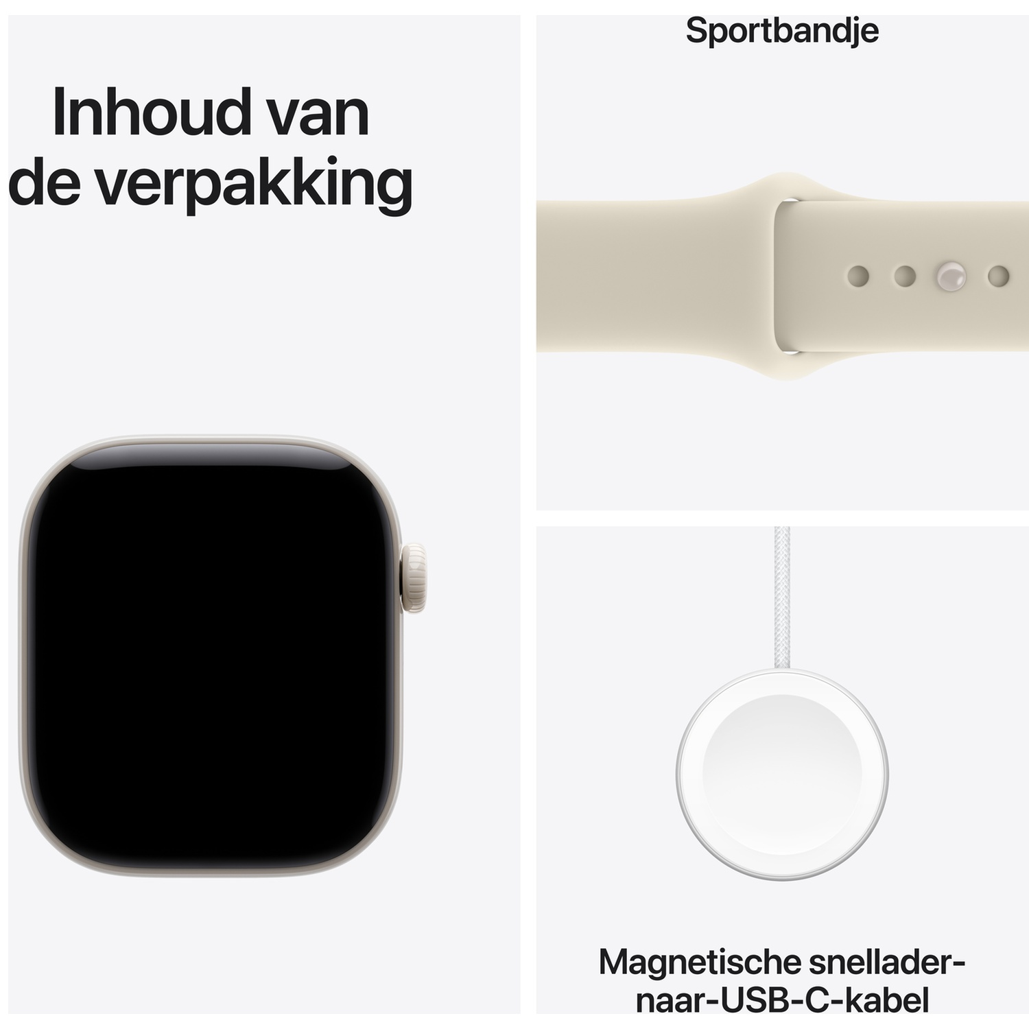 Inhoud van de verpakking: smartwatch, sportbandje en magnetische snellader-naar-USB-C-kabel.