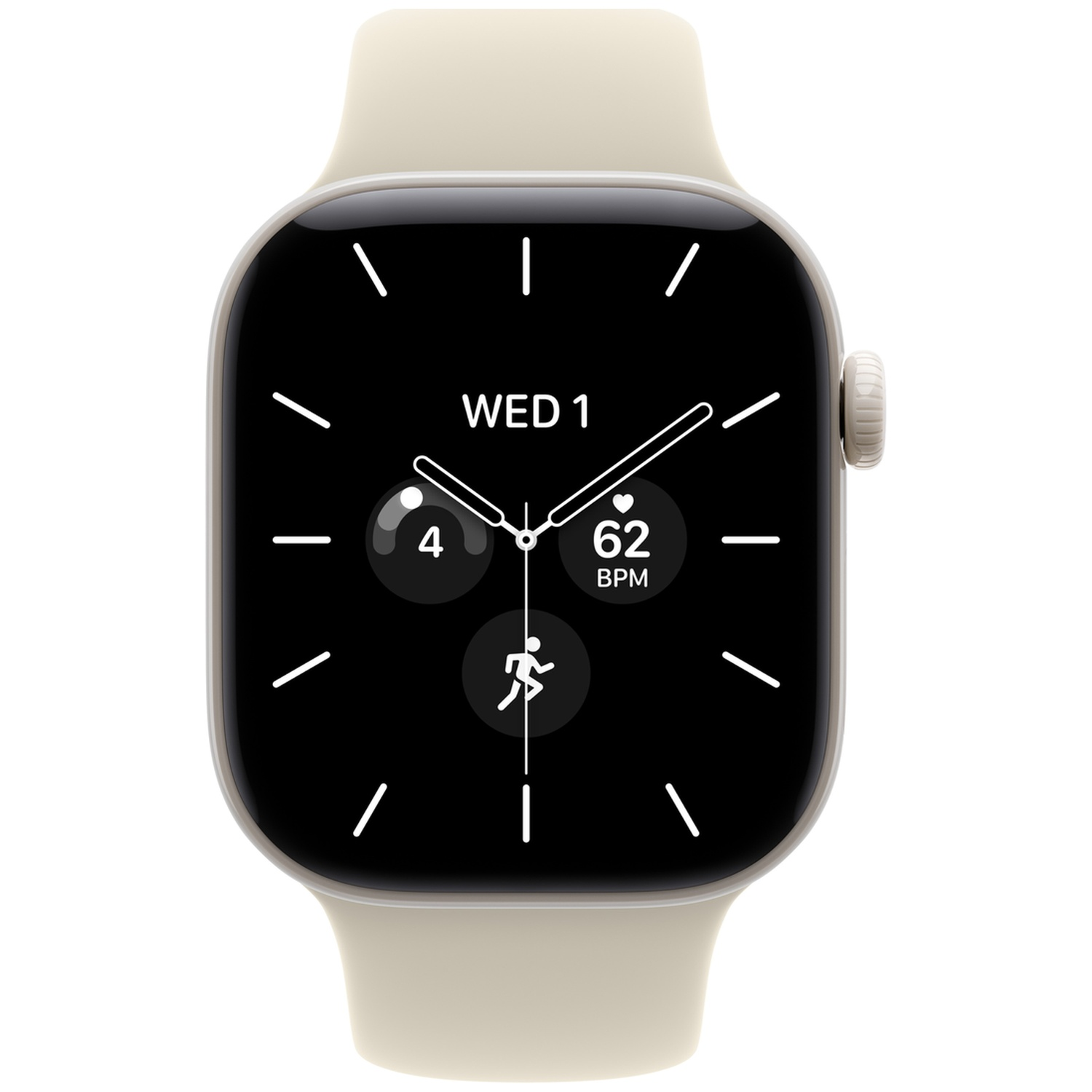 Beige smartwatch met zwart scherm, witte wijzers en fitnessgegevens.