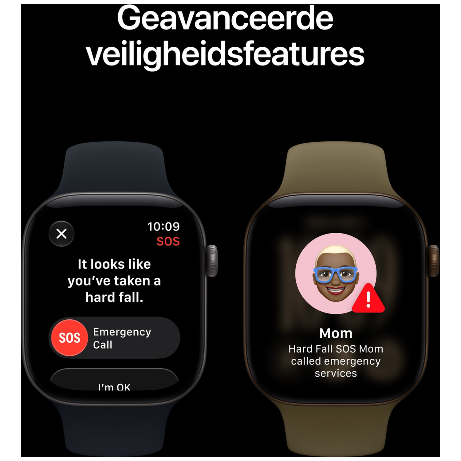 Twee smartwatches op een zwarte achtergrond tonen veiligheidsfuncties met valdetectie.
