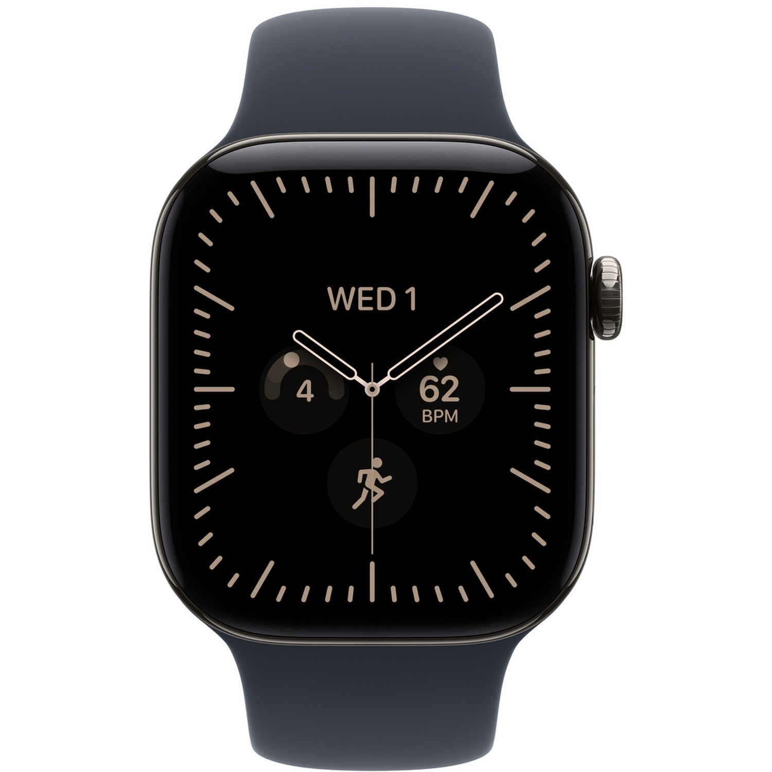 Een zwarte smartwatch met donkere band en digitale wijzerplaat die tijd, datum en activiteitsgegevens toont.