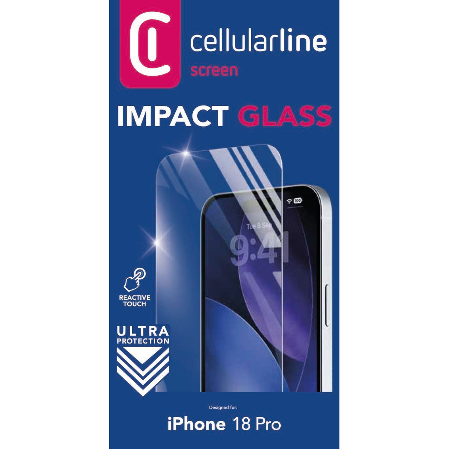 Pellicola protettiva Cellularline Impact Glass per iPhone 18 Pro su sfondo blu.