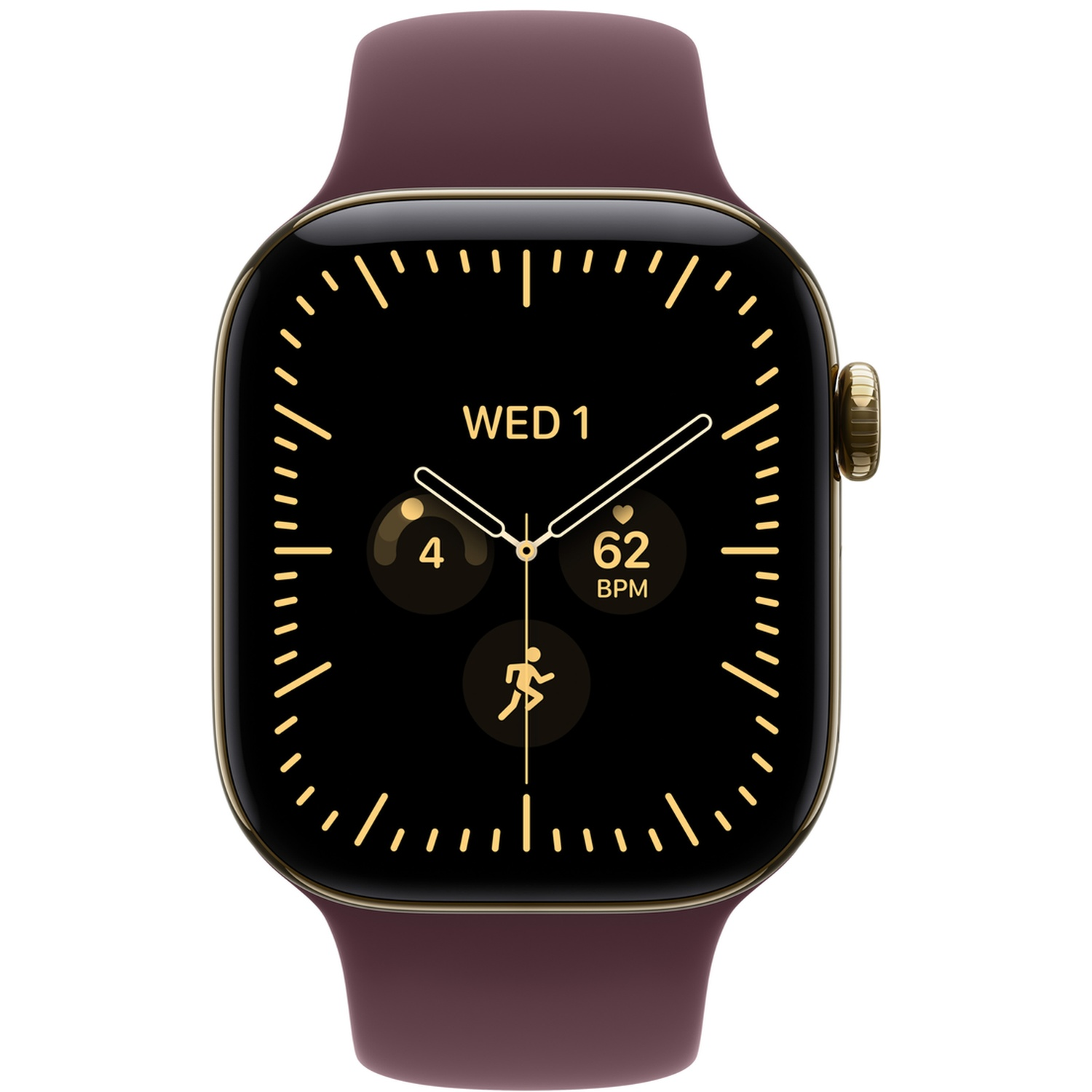 Gouden smartwatch met donker scherm dat tijd, hartslag en activiteit toont, met een donkerrode band.