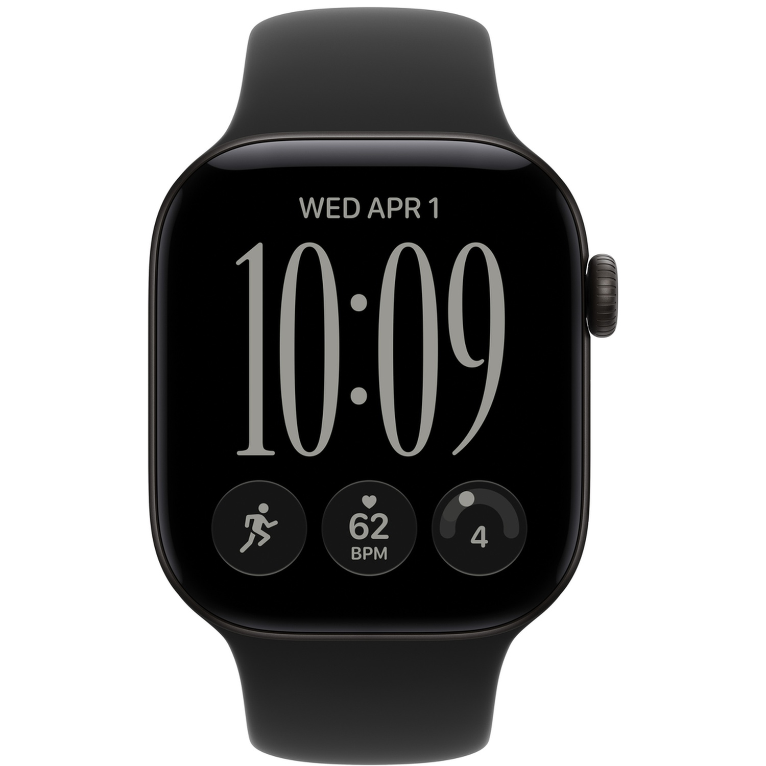 Een zwarte smartwatch met digitaal display toont 10:09, woe 1 apr, hartslag en work-out icoon op witte achtergrond.