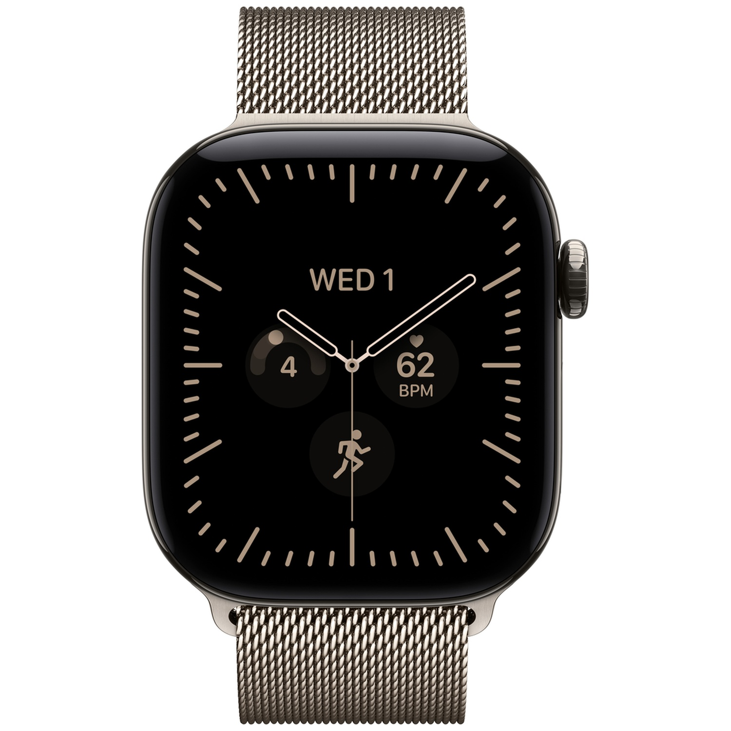 Een smartwatch met een zwarte wijzerplaat, zilveren wijzers, hartslagmeter en een metalen bandje.