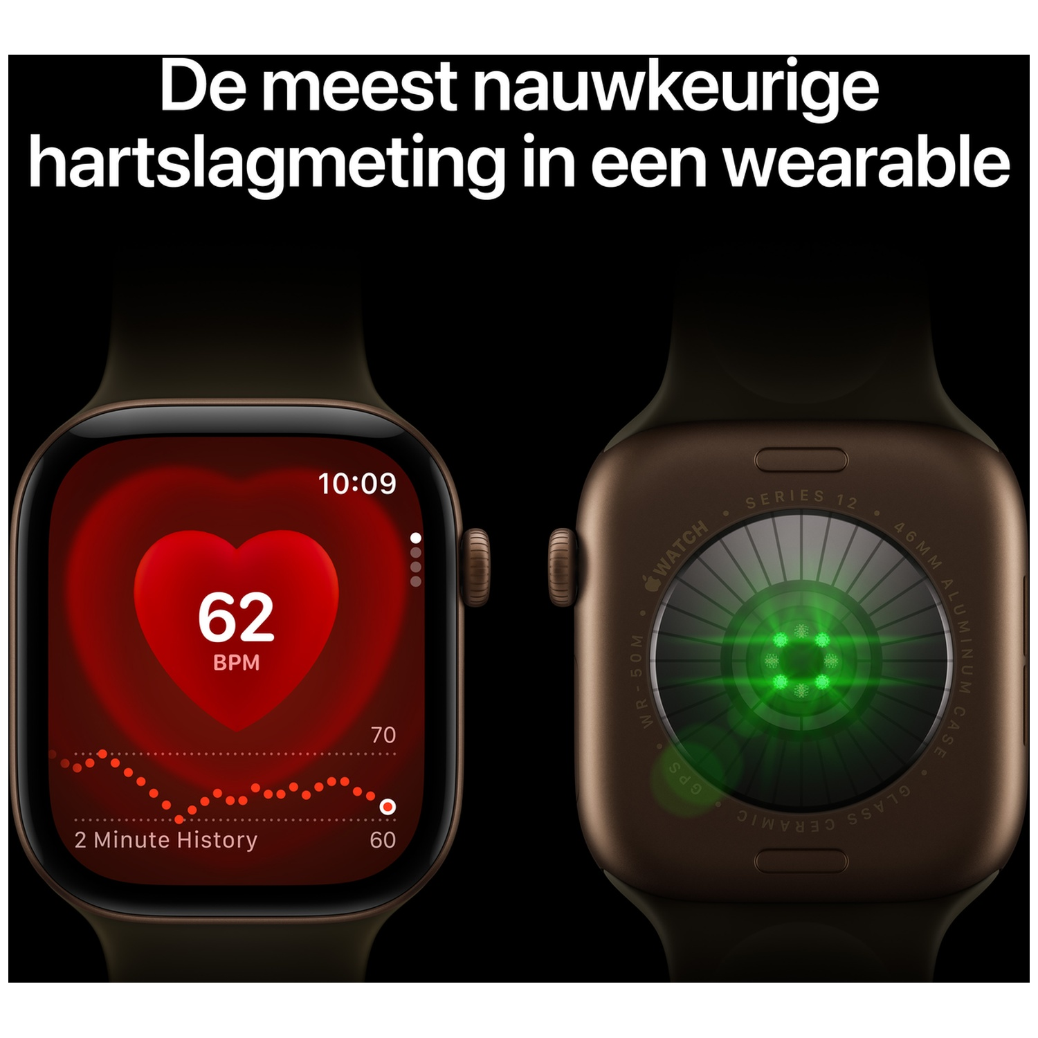 Twee smartwatches tegen een zwarte achtergrond: links de voorkant met hartslagweergave, rechts de achterkant.