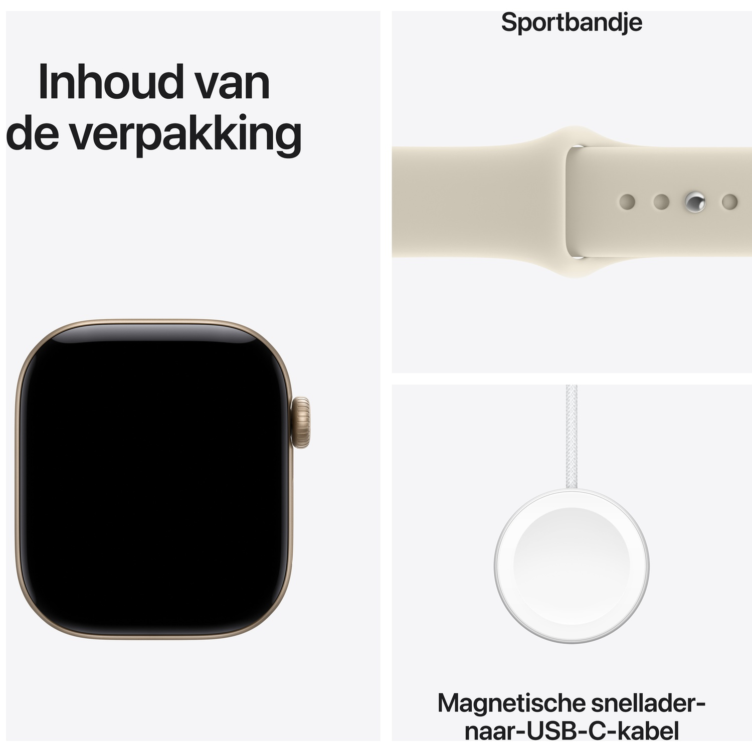 Inhoud van de verpakking: een smartwatch, een sportbandje en een magnetische snellader-naar-USB-C-kabel.