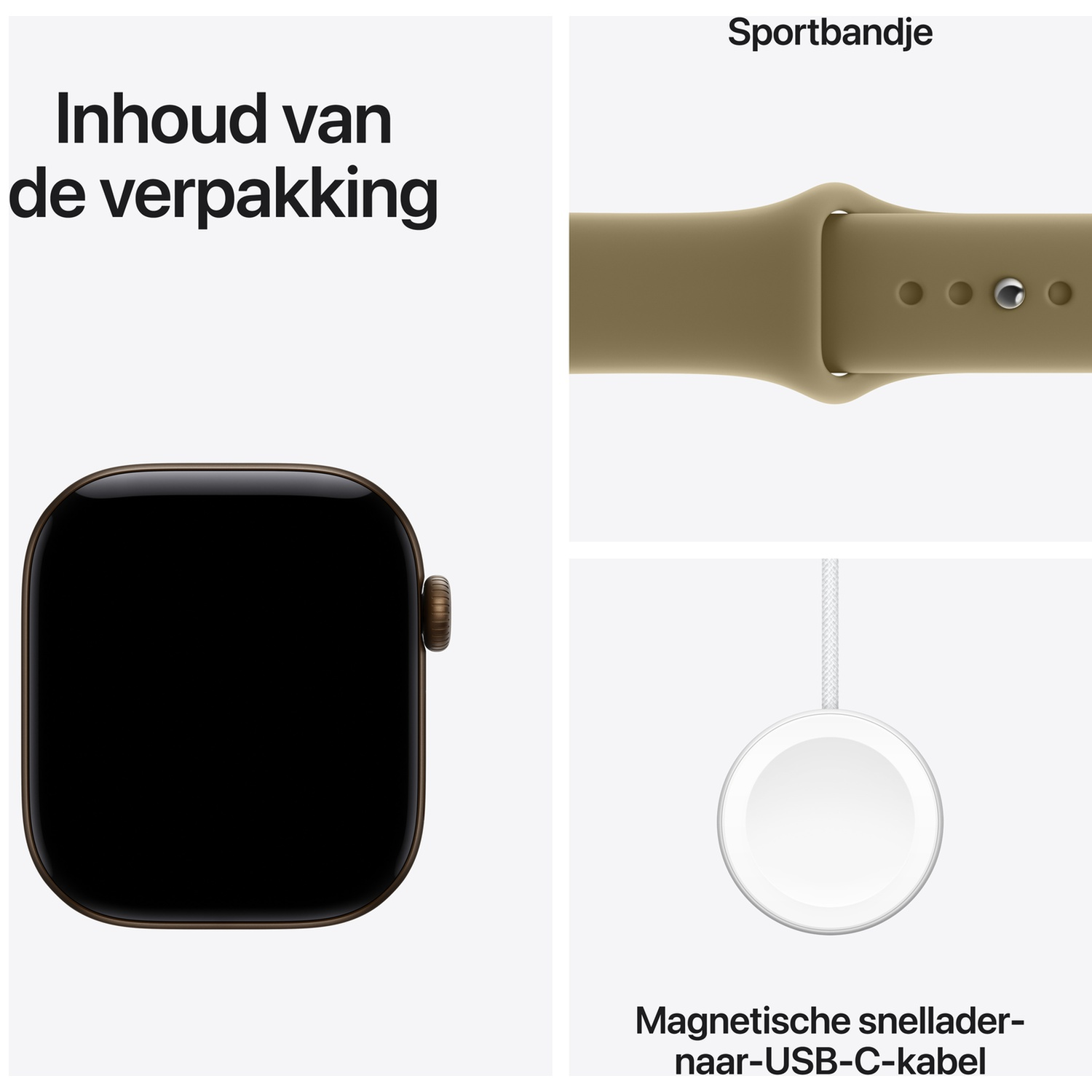 Inhoud verpakking met bruine smartwatch, sportbandje en magnetische snellader naar USB-C-kabel.