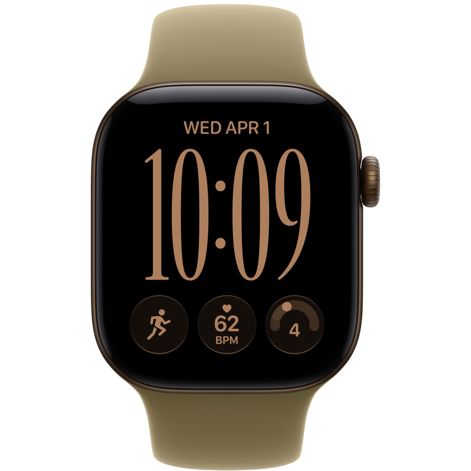 Een olijfgroene smartwatch toont de datum en 10:09.