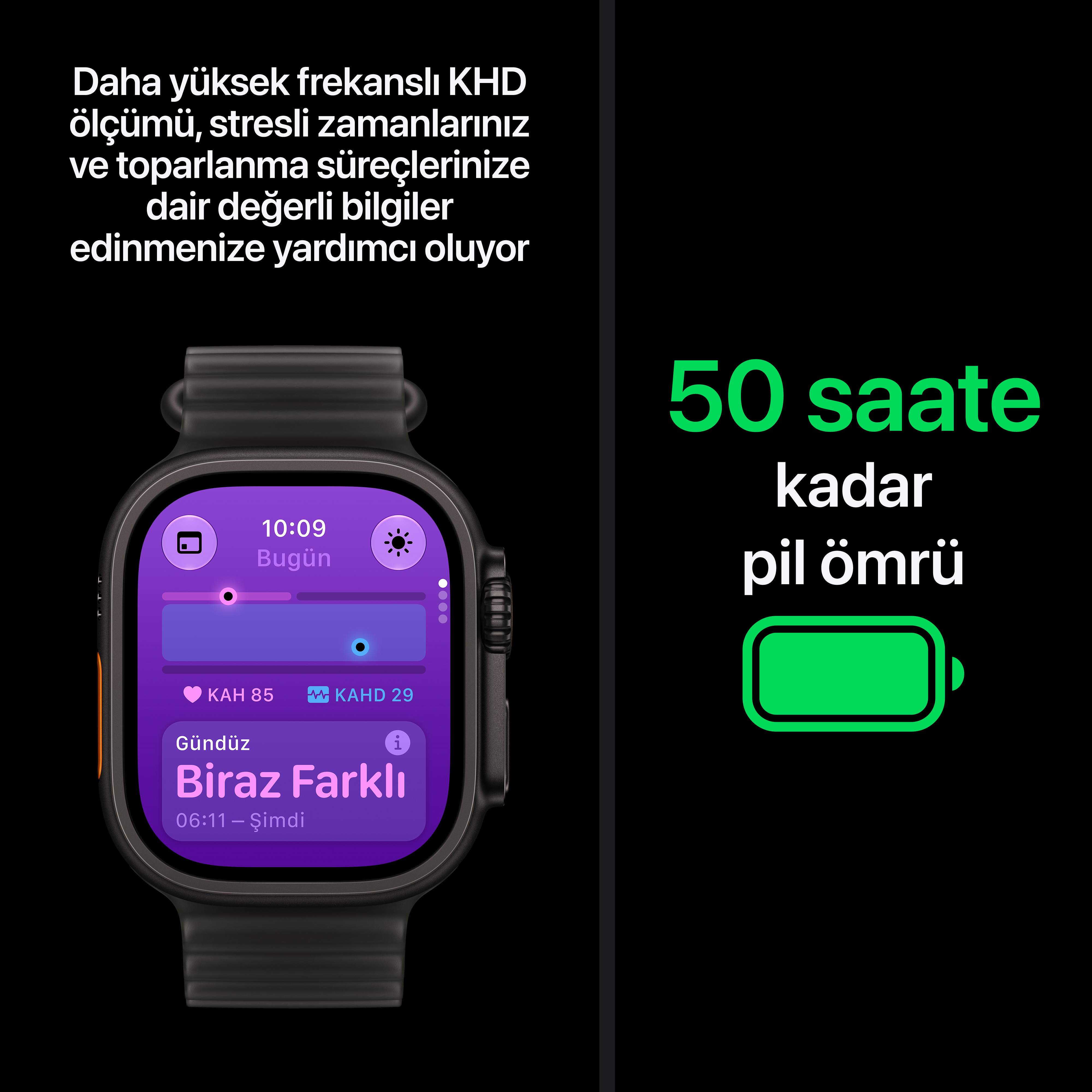 Mor ekranlı akıllı saatte sağlık verileri ve 50 saate kadar pil ömrü yazısı yer alıyor.