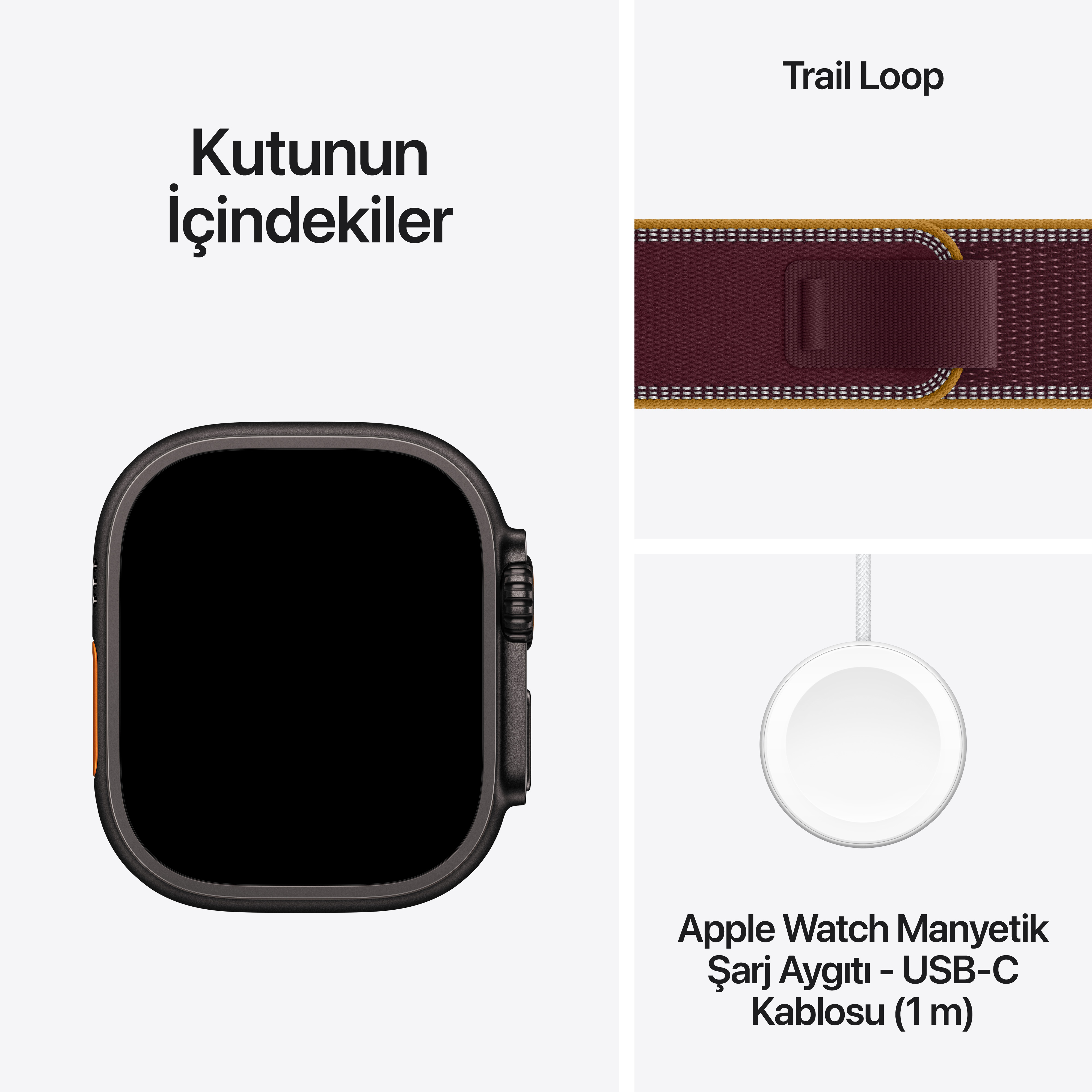 Kutunun içindekiler: Bir Apple Watch, koyu kırmızı Trail Loop kordon ve manyetik USB-C şarj kablosu.
