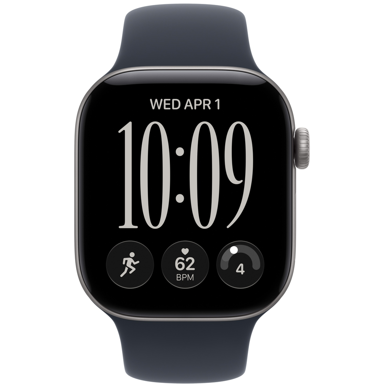 Een zwarte smartwatch met een digitale wijzerplaat die 10:09 en 1 april weergeeft.