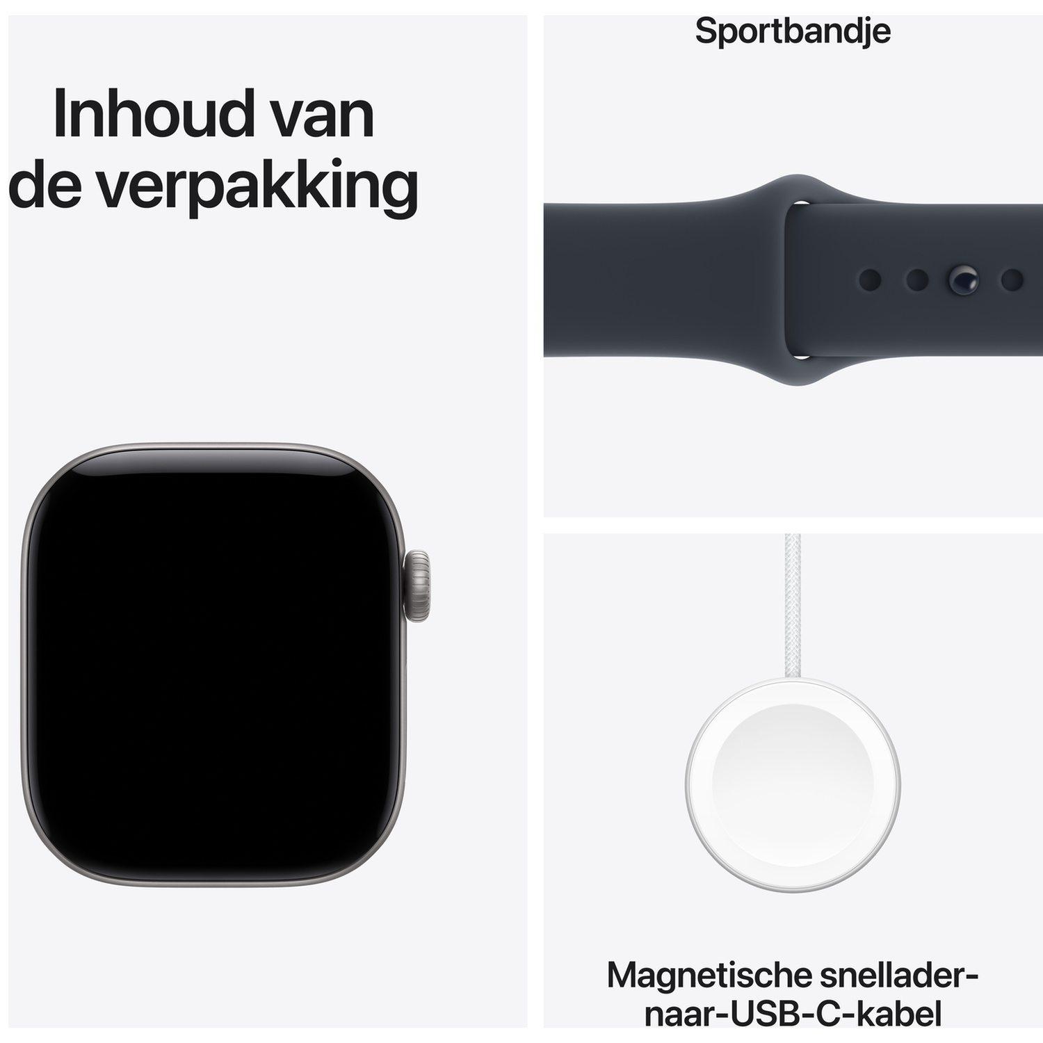 Inhoud van de verpakking van de Apple Watch met smartwatch, sportbandje en oplaadkabel.