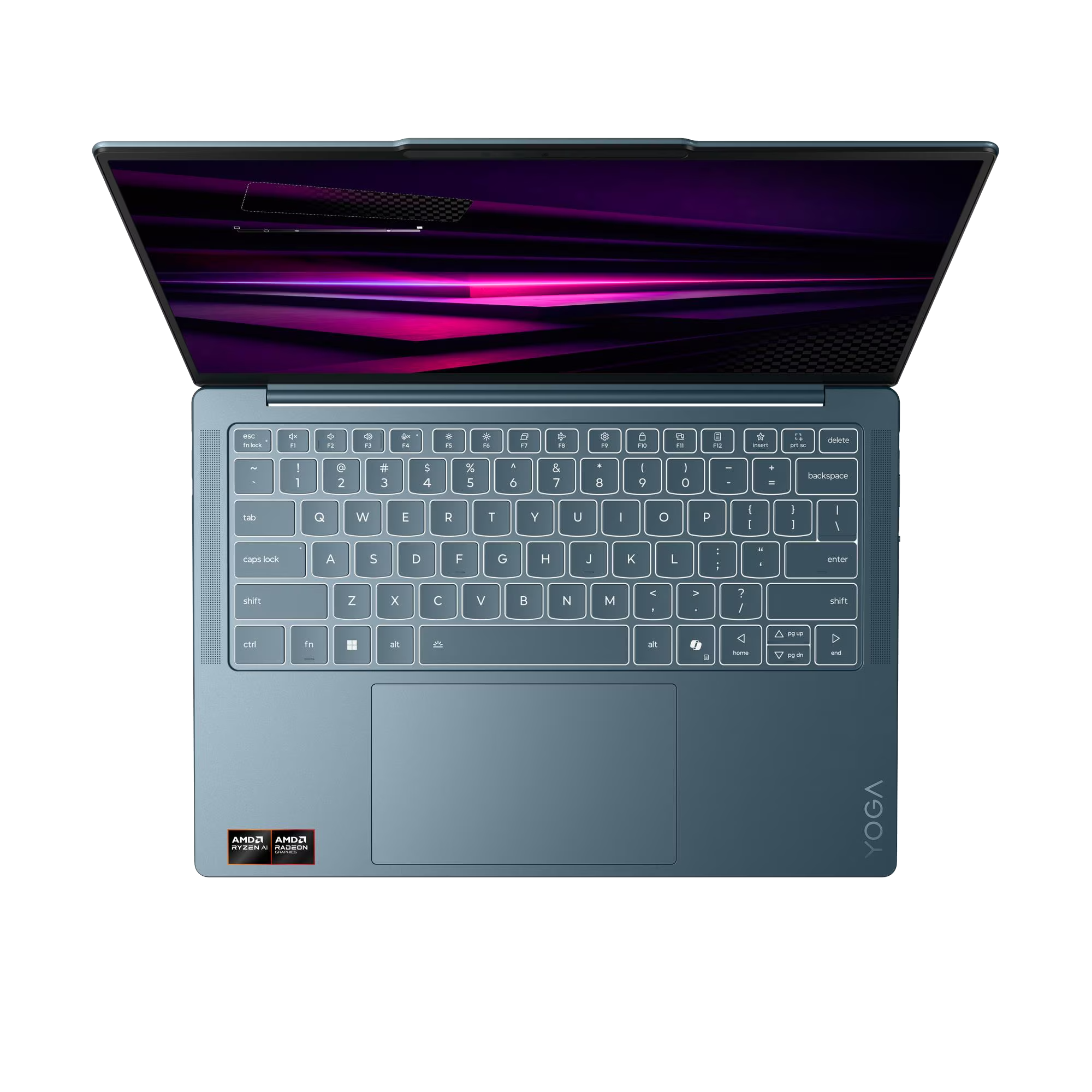 Vista superior de un portátil azul con teclado retroiluminado y gráficos abstractos en pantalla.