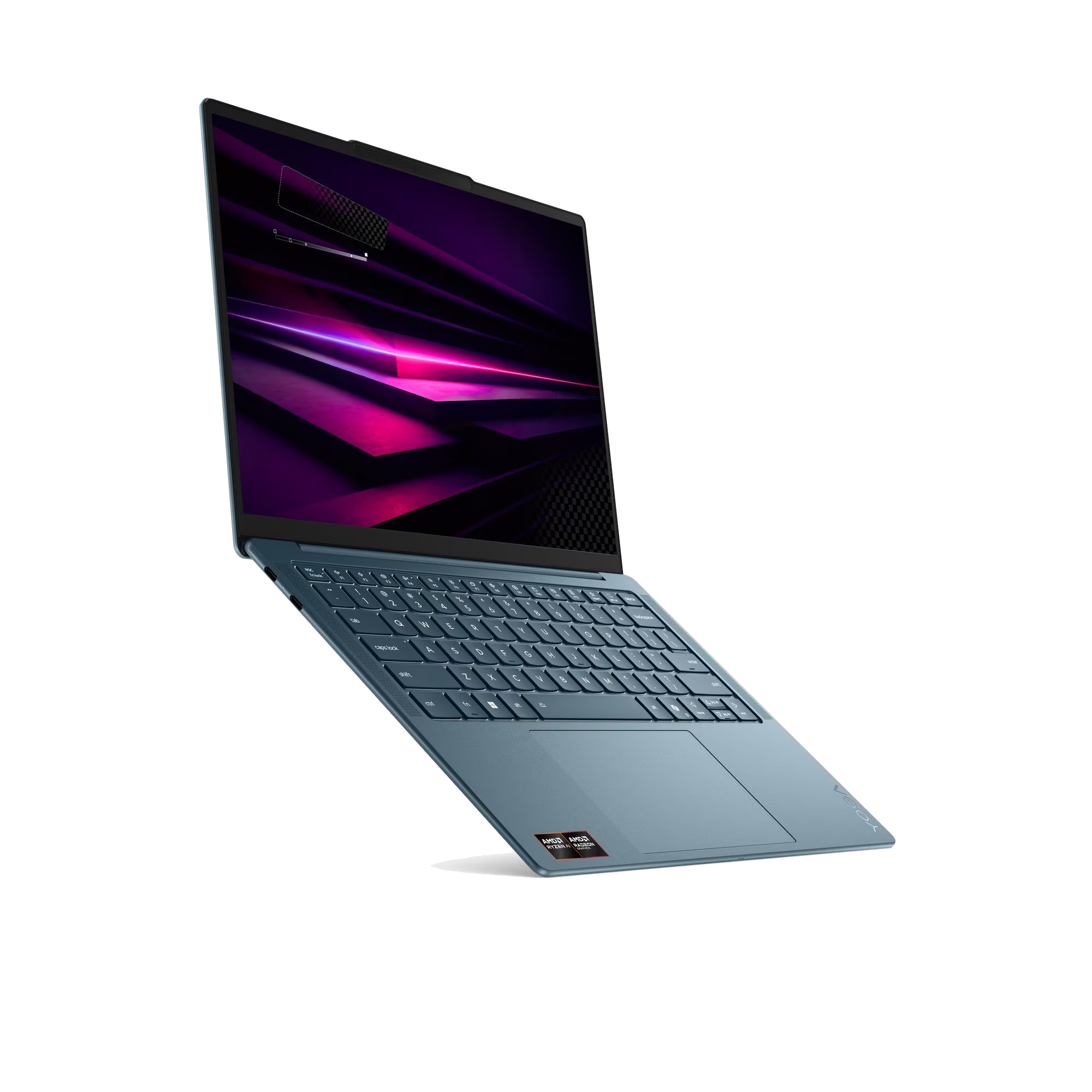 Una computadora portátil azul con la pantalla abierta muestra un fondo de pantalla abstracto morado sobre fondo negro.