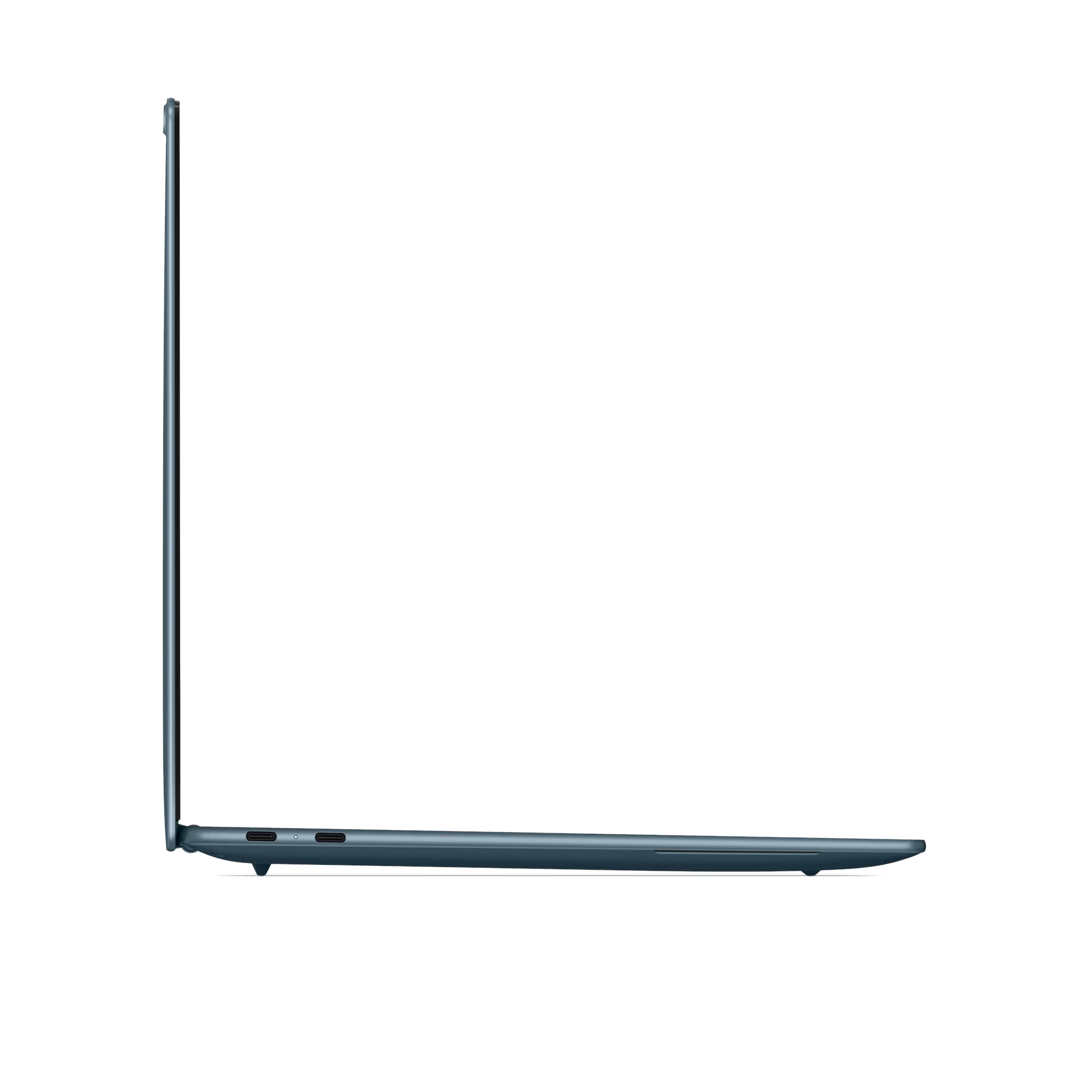 Vista lateral de un ordenador portátil azul cerrado sobre fondo negro, con puertos USB-C visibles.