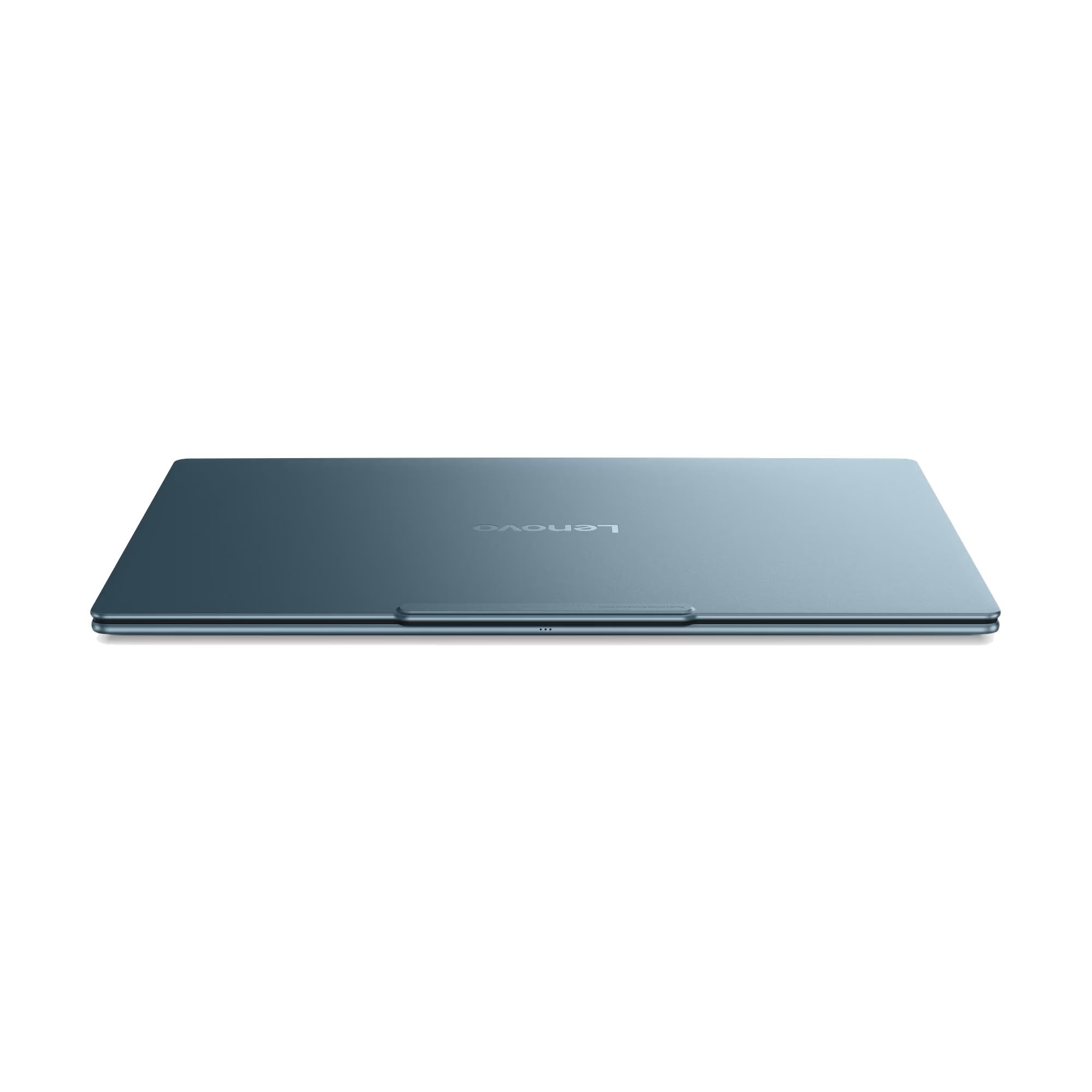 Un ordenador portátil Lenovo azul cerrado con el logotipo invertido se encuentra plano sobre una superficie oscura.