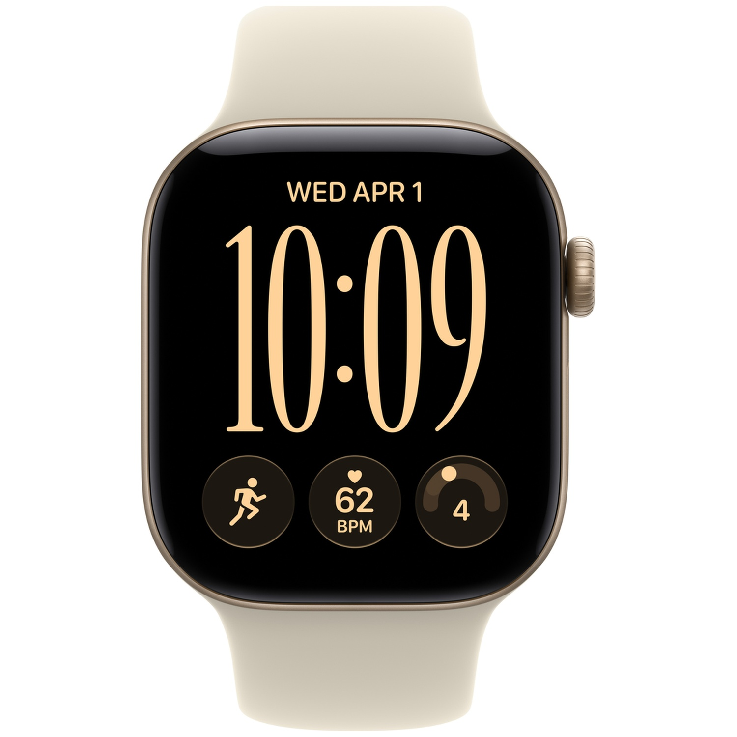 Een smartwatch met een beige band toont een zwart scherm met 10:09 en gezondheidsgegevens.