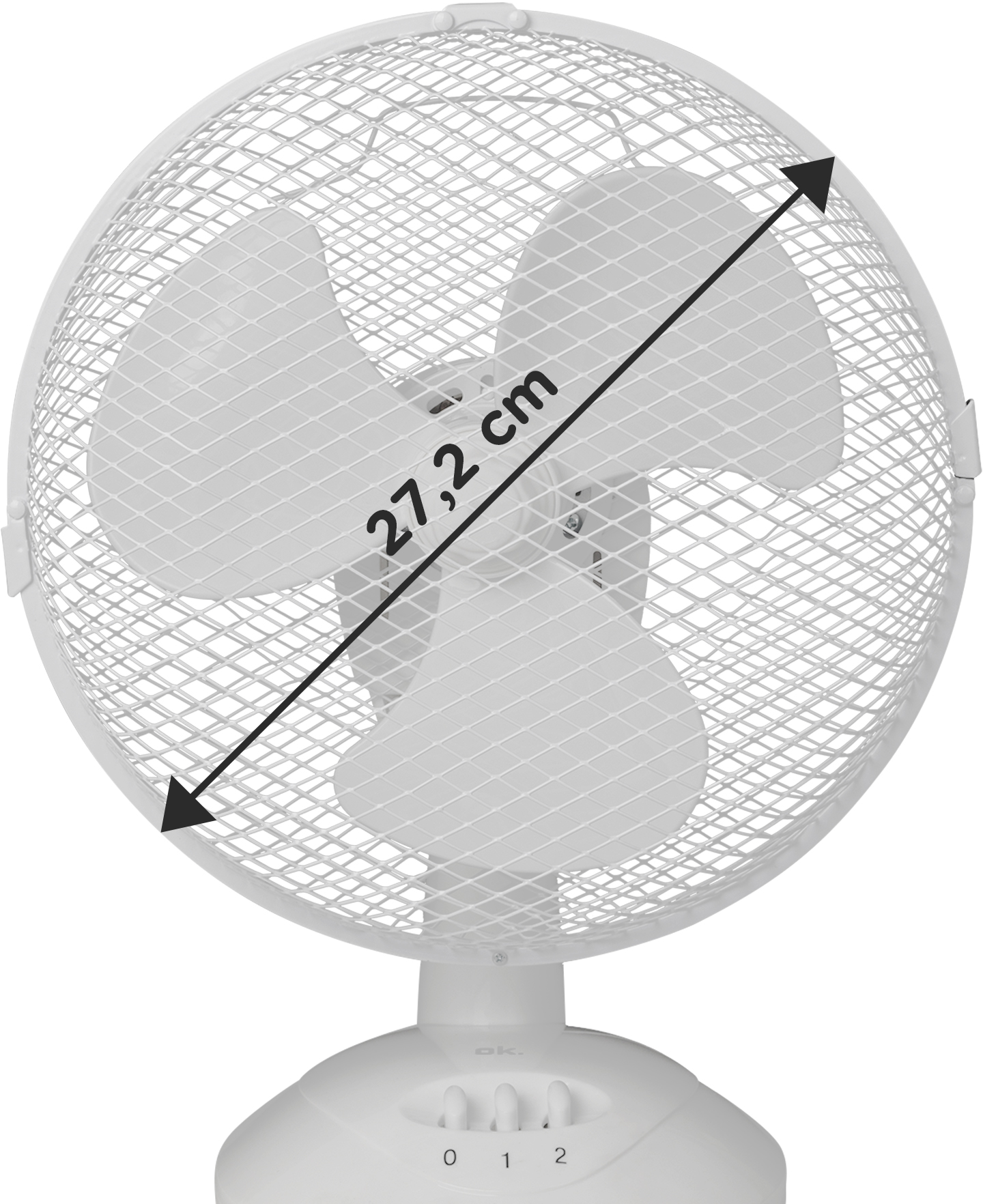 Un ventilatore da tavolo bianco con griglia protettiva mostra un diametro di 27,2 cm.