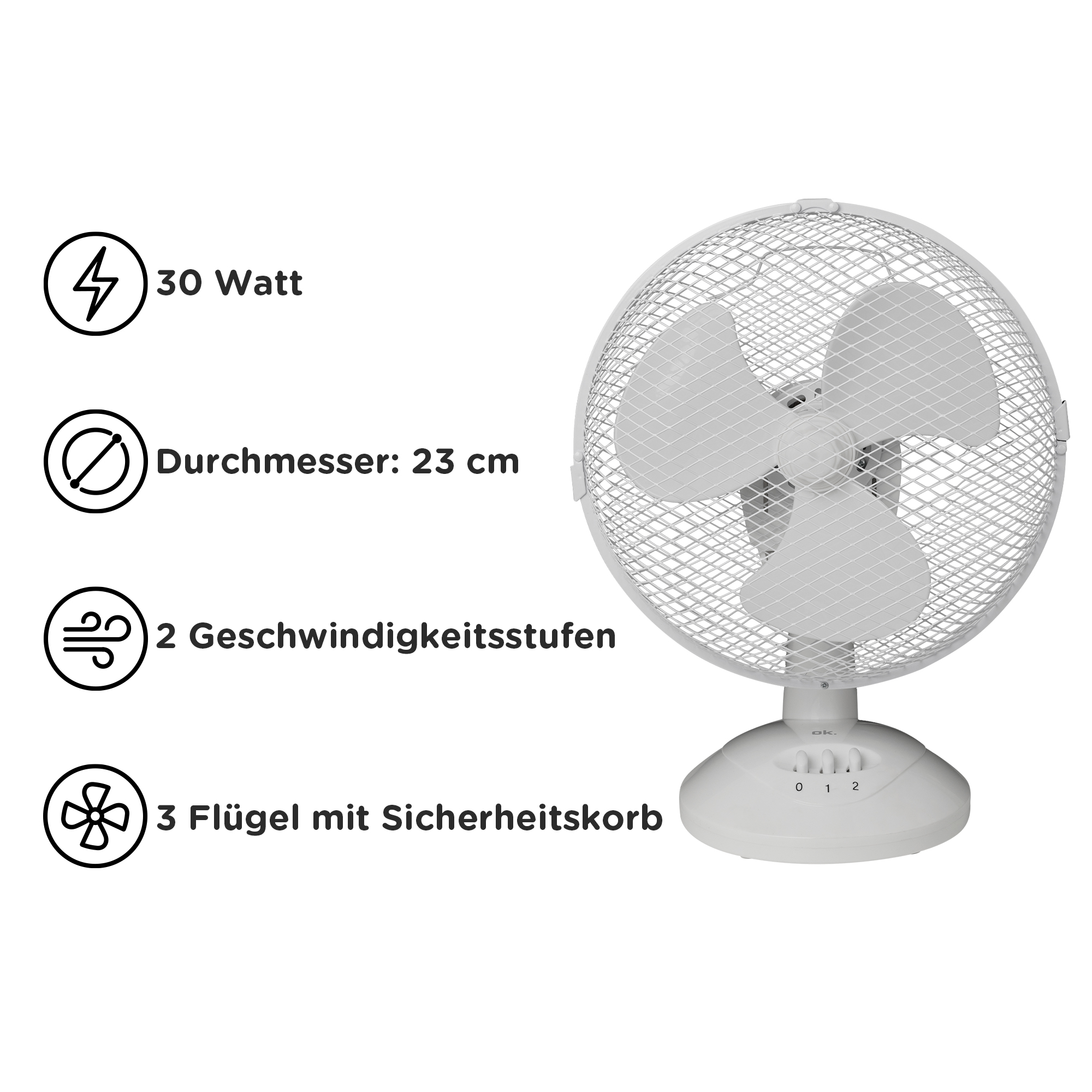 Ventilatore da tavolo bianco con griglia di sicurezza, 3 pale, 23 cm di diametro e 30 watt.