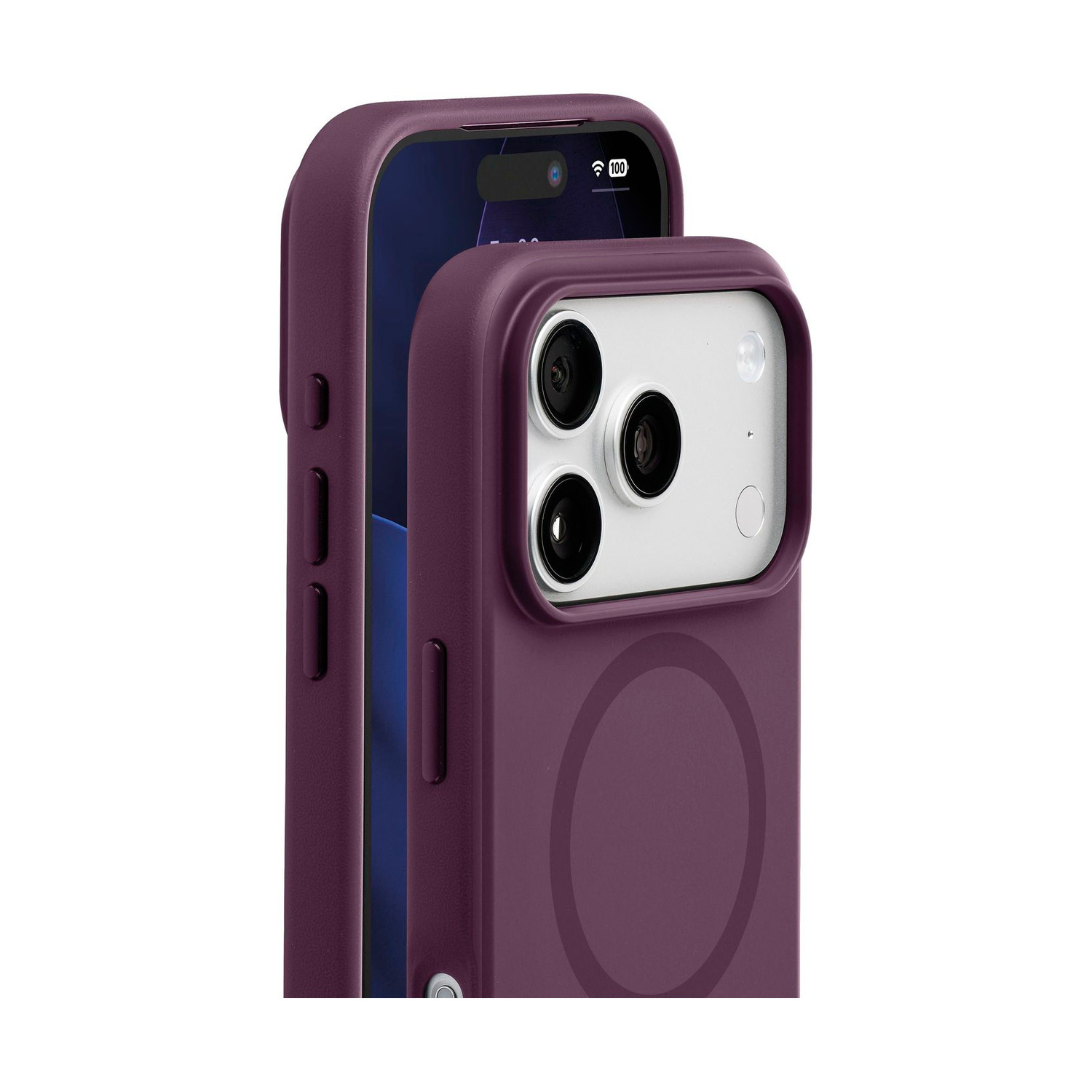 Due cover viola per smartphone, una mostra lo schermo anteriore e l'altra il modulo fotocamera posteriore.