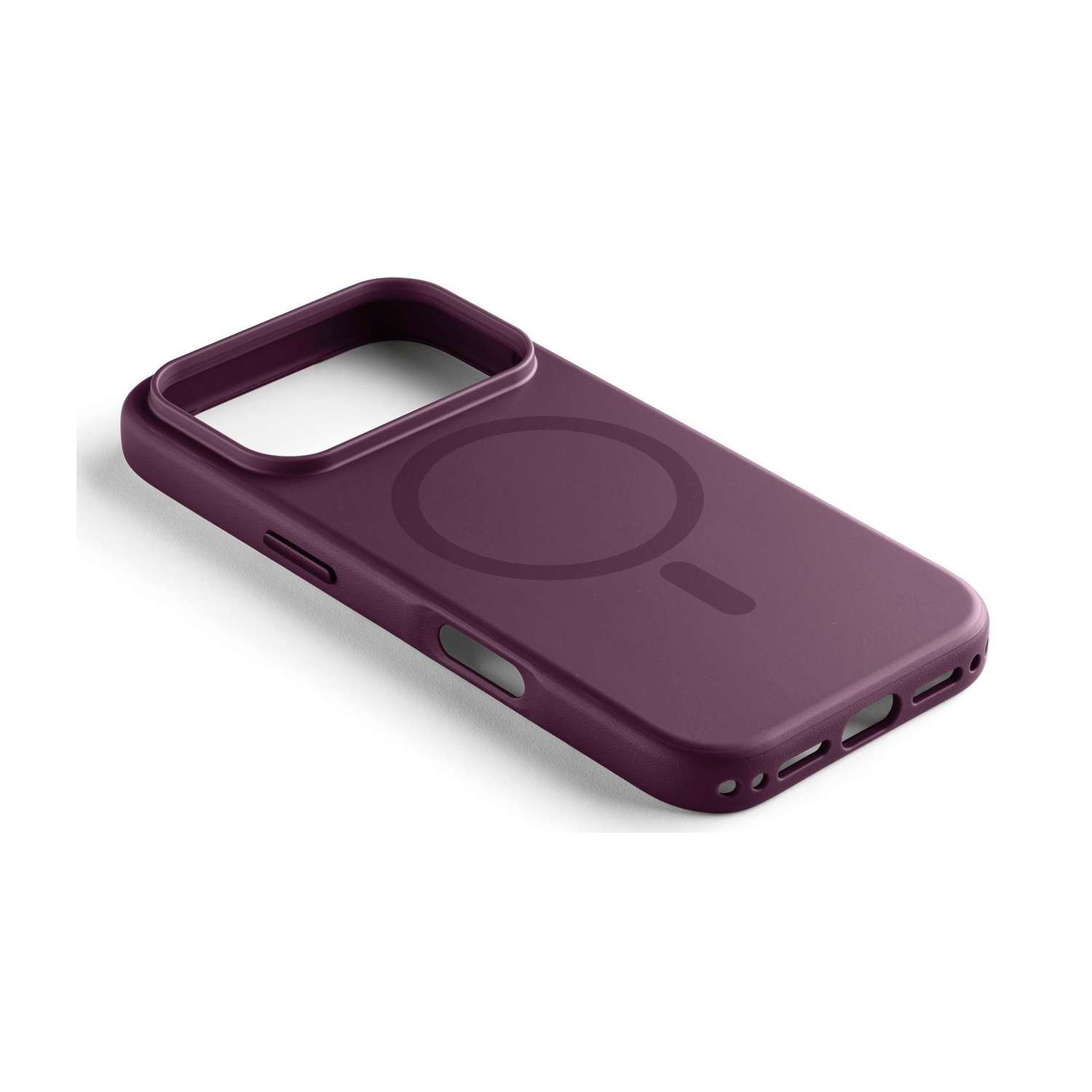 Custodia per smartphone viola scuro con anello MagSafe su sfondo bianco.