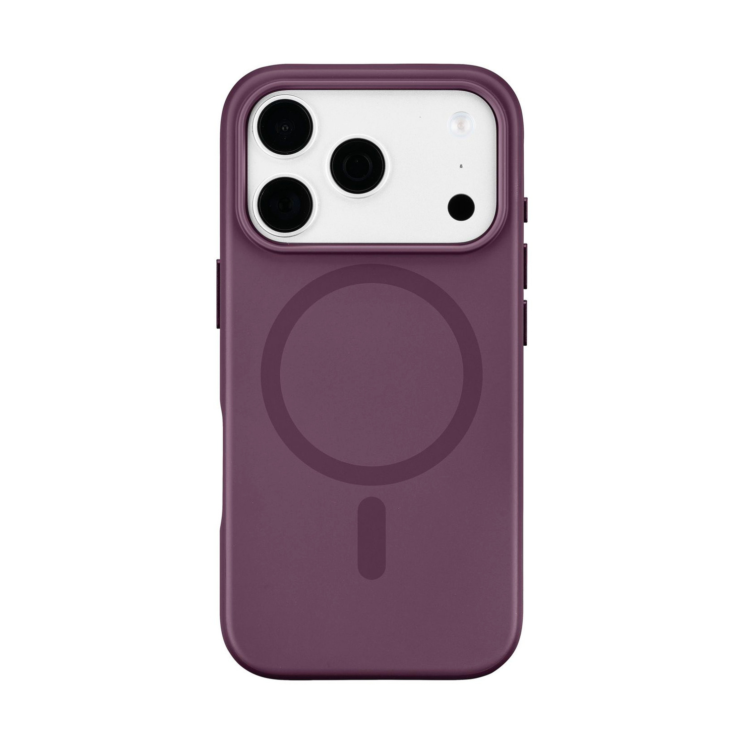 Una cover per smartphone viola scuro con anello MagSafe e foro per tripla fotocamera su sfondo bianco.