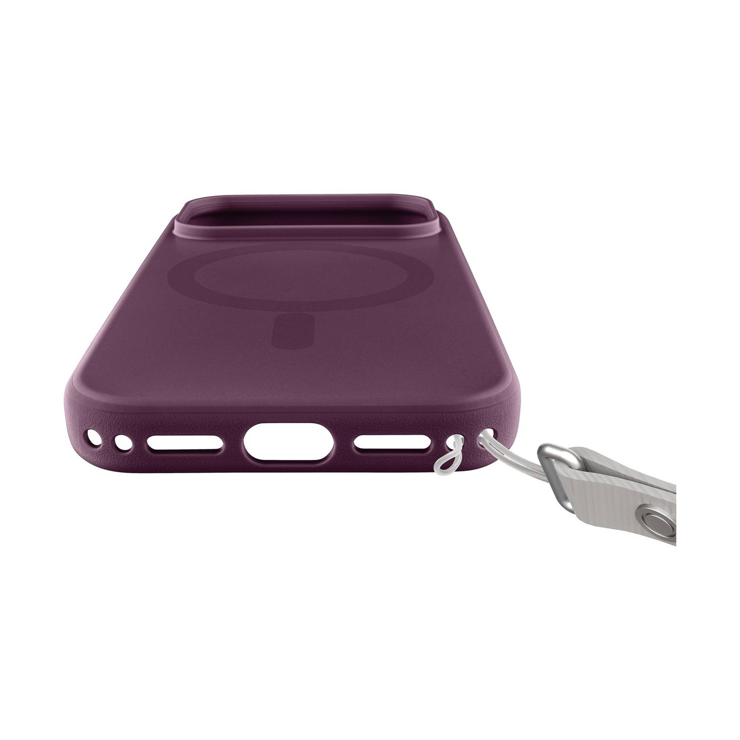 Custodia per telefono viola scuro con cordino e cerchio magnetico sul retro.