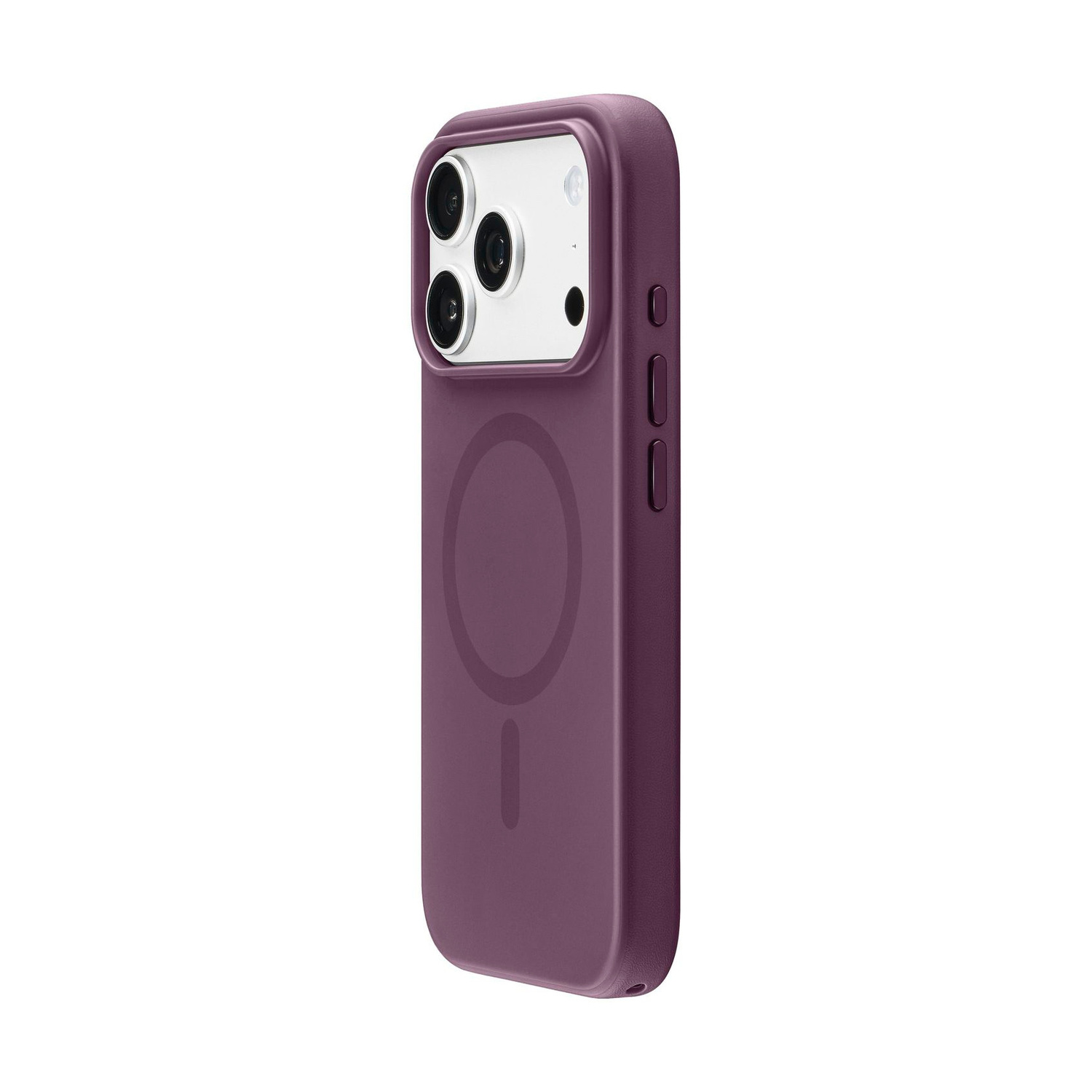 Custodita per telefono viola su sfondo bianco, con un'impronta ad anello magnetico circolare e tre aperture per fotocamera.