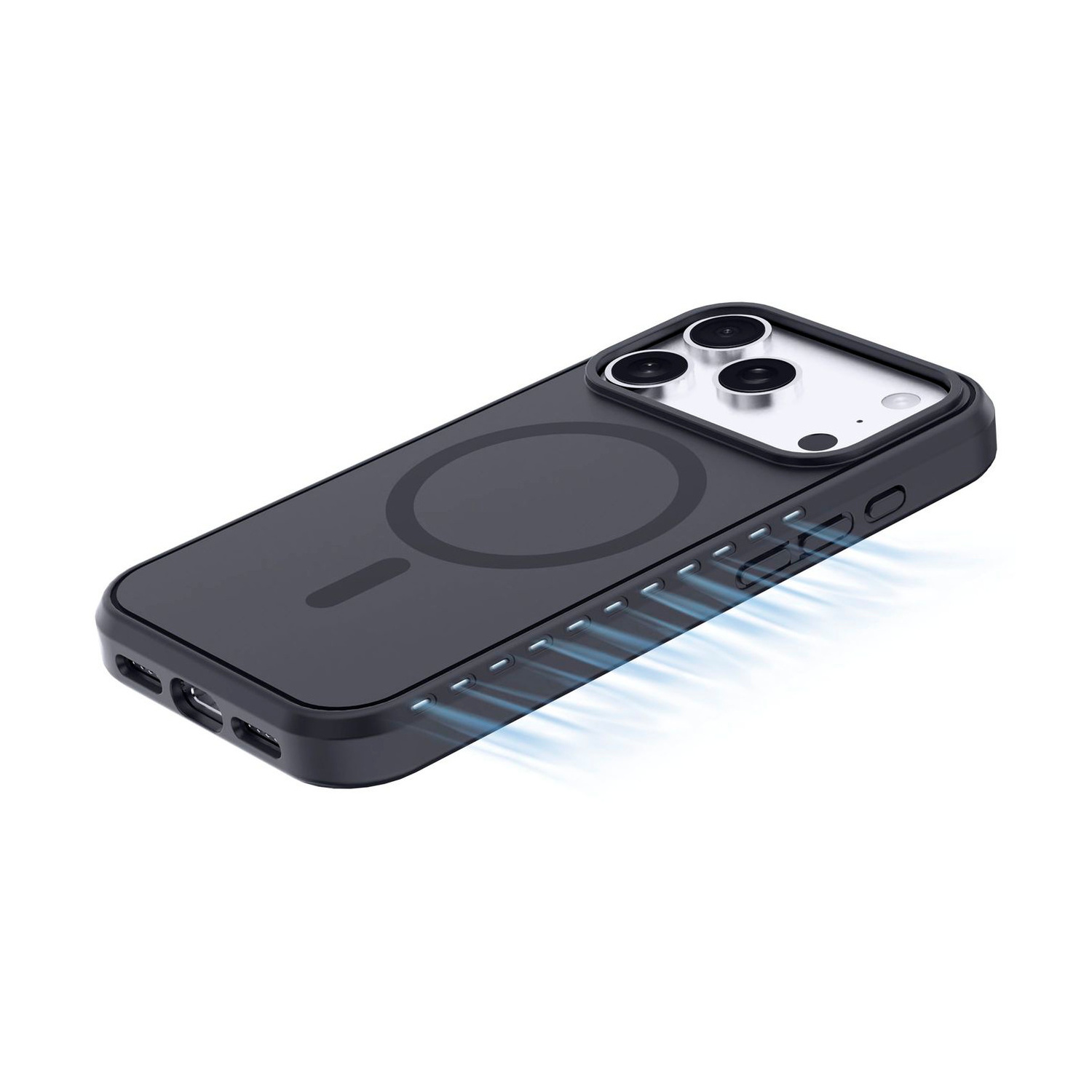 Uno smartphone in custodia nera con flussi d'aria di raffreddamento su sfondo bianco.