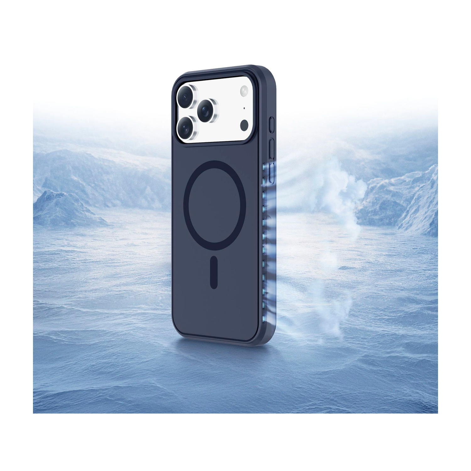 Uno smartphone in una custodia protettiva blu si trova su un paesaggio innevato e ghiacciato.
