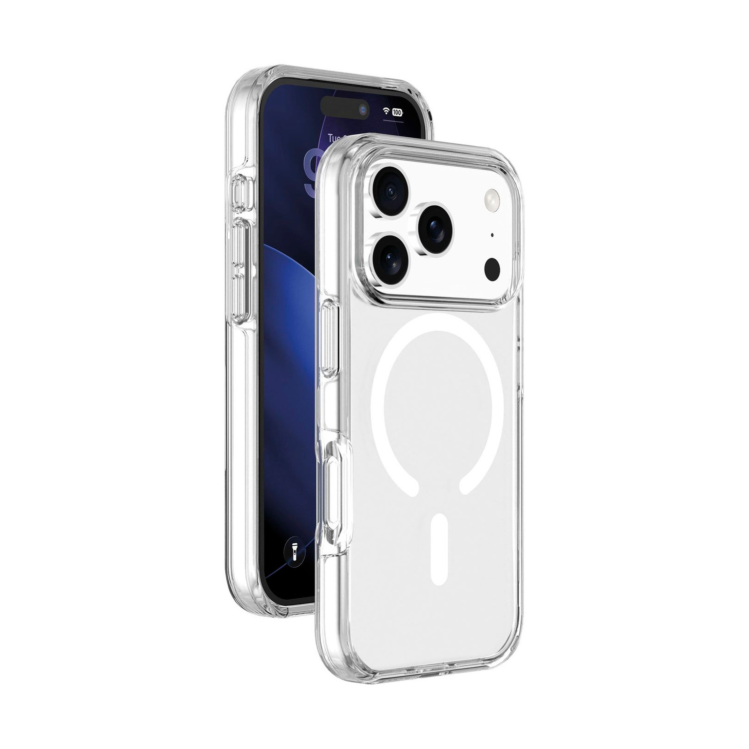 Due smartphone mostrati con cover protettiva trasparente e anello MagSafe su sfondo bianco.