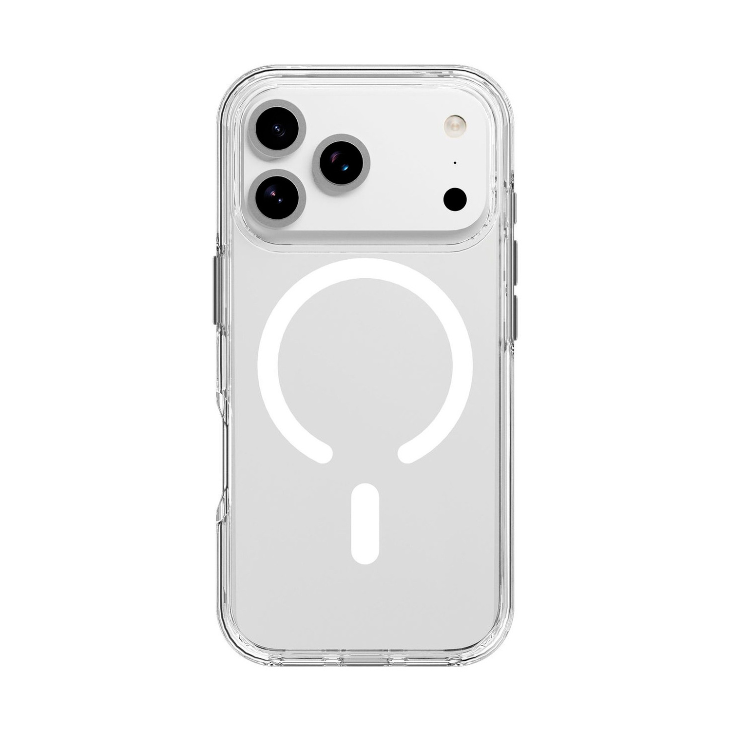 Vista posteriore di uno smartphone con cover trasparente, tre fotocamere e anello MagSafe bianco su sfondo bianco.