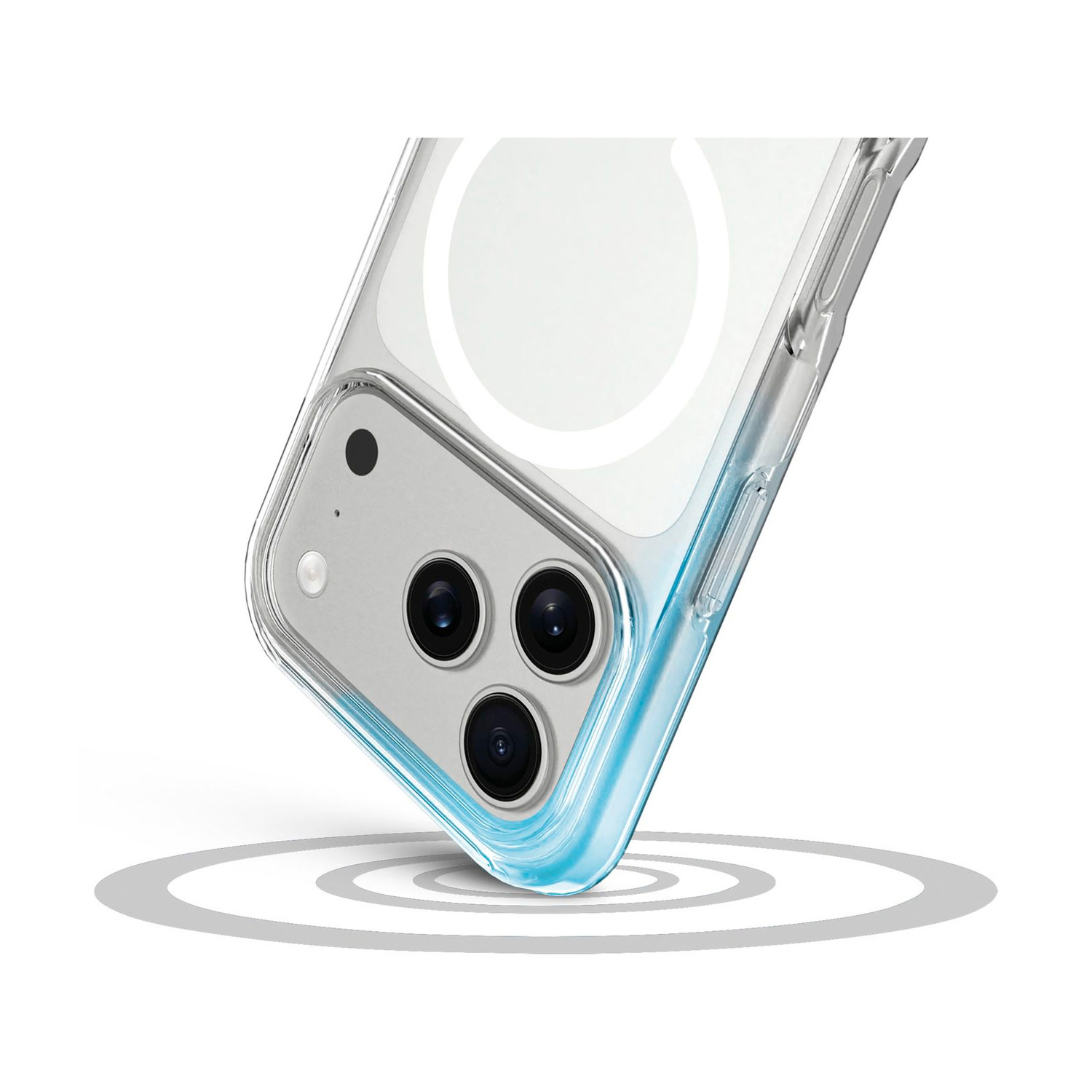 Una custodia trasparente per smartphone su un iPhone argento con tre fotocamere, sopra anelli grigi.
