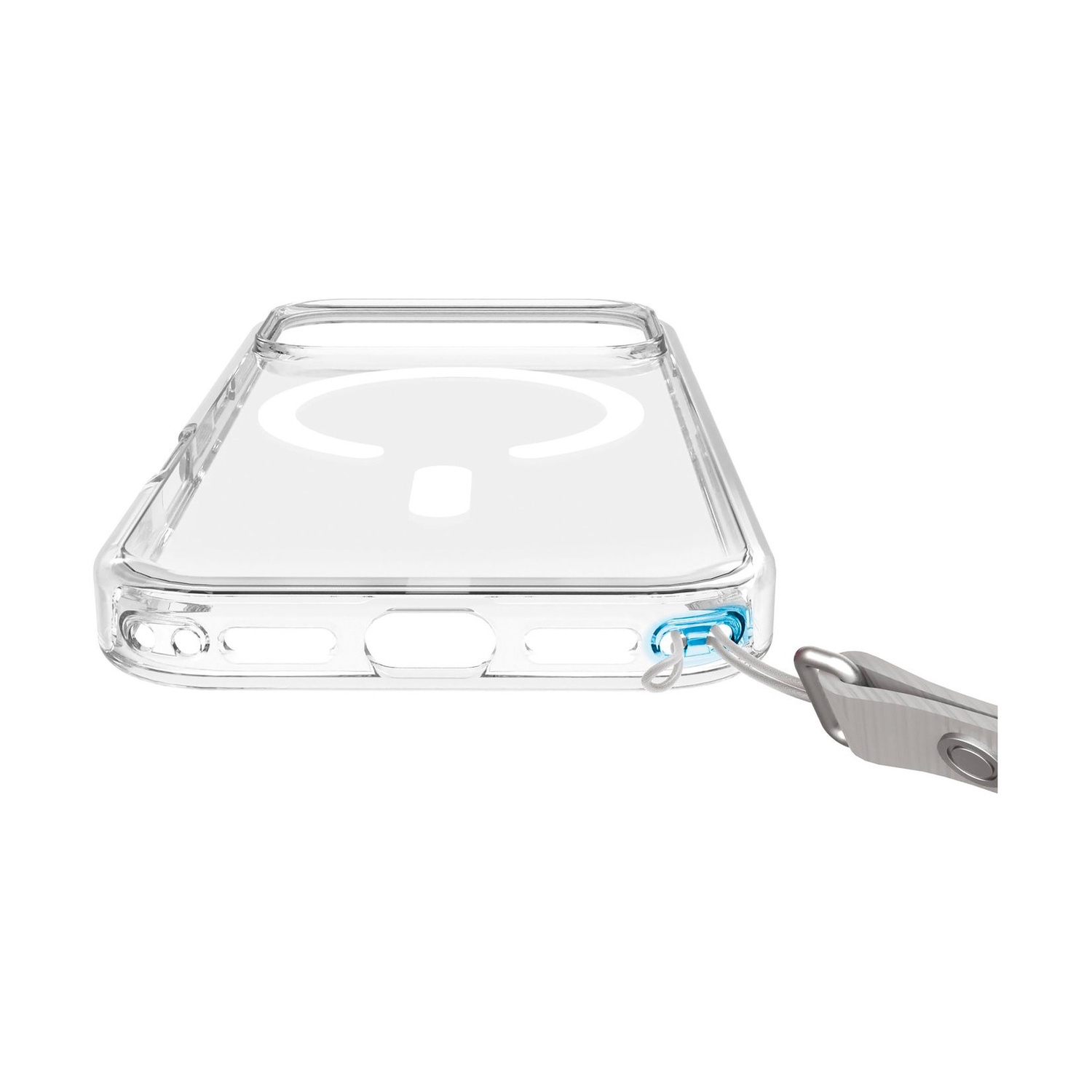 Custodia per telefono trasparente con anello MagSafe e cordino grigio nell'angolo inferiore.