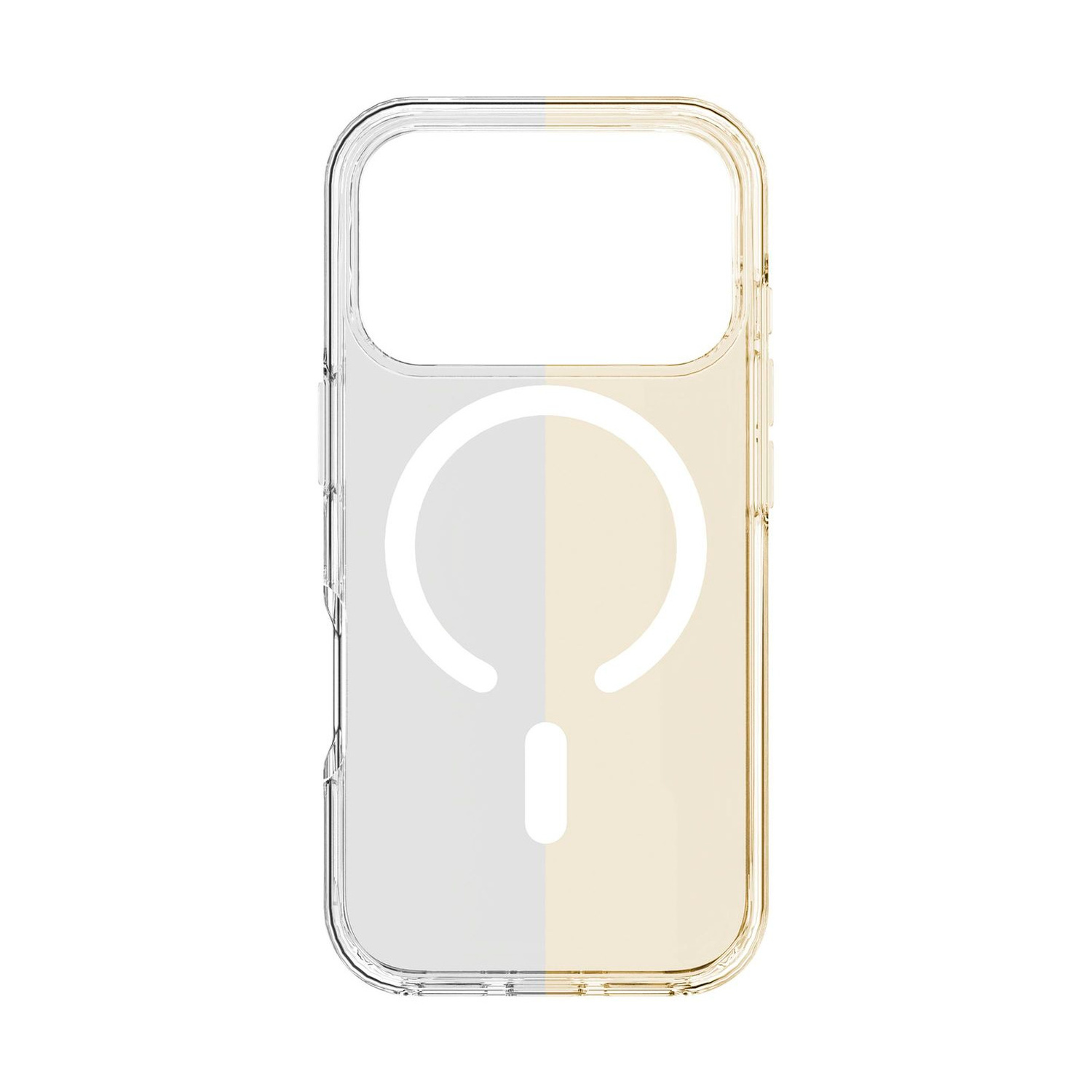 Una cover per telefono trasparente bicolore con icona dell'anello MagSafe bianca su sfondo bianco.
