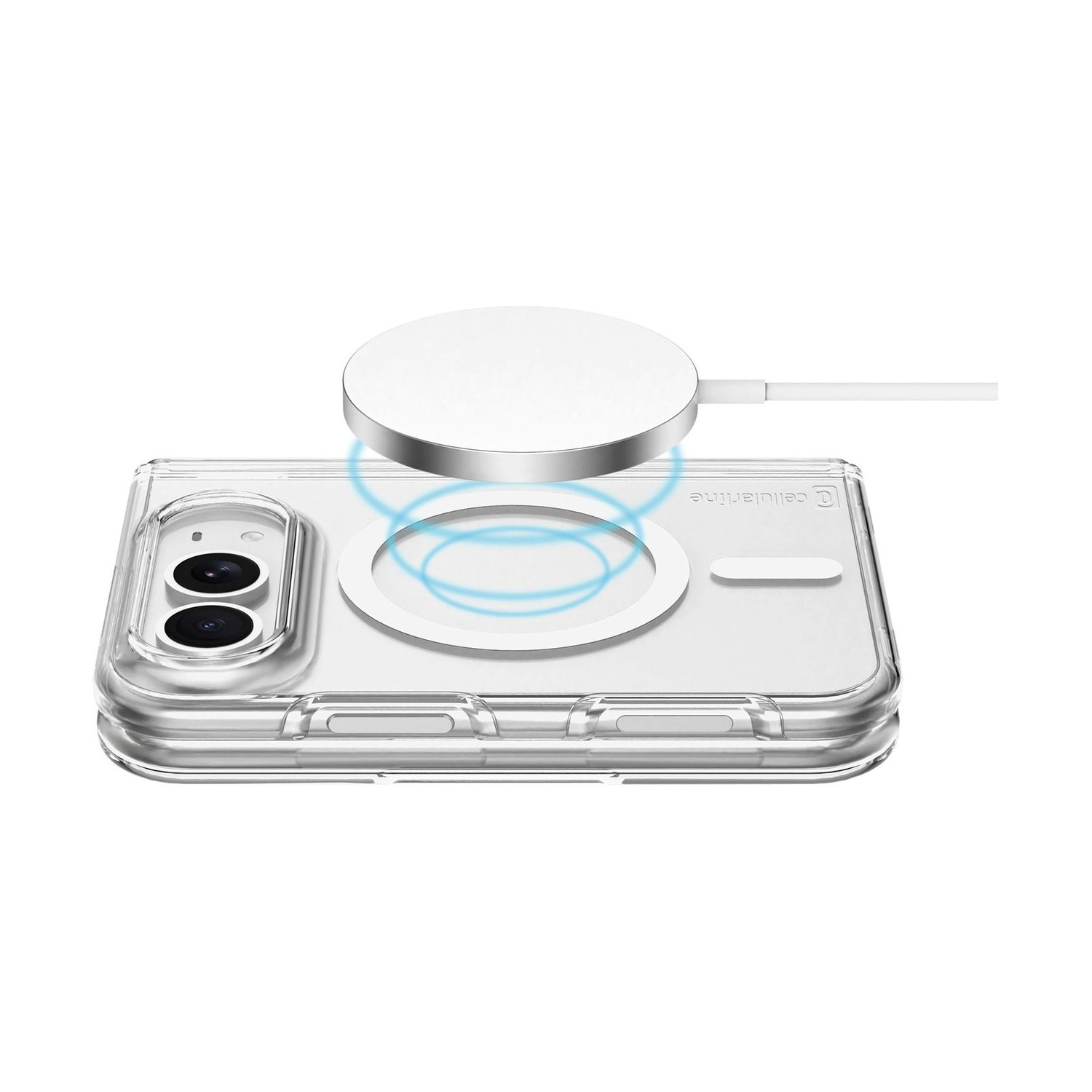 Un caricabatterie wireless bianco fluttua sopra il retro di una cover trasparente con due obiettivi per fotocamera.