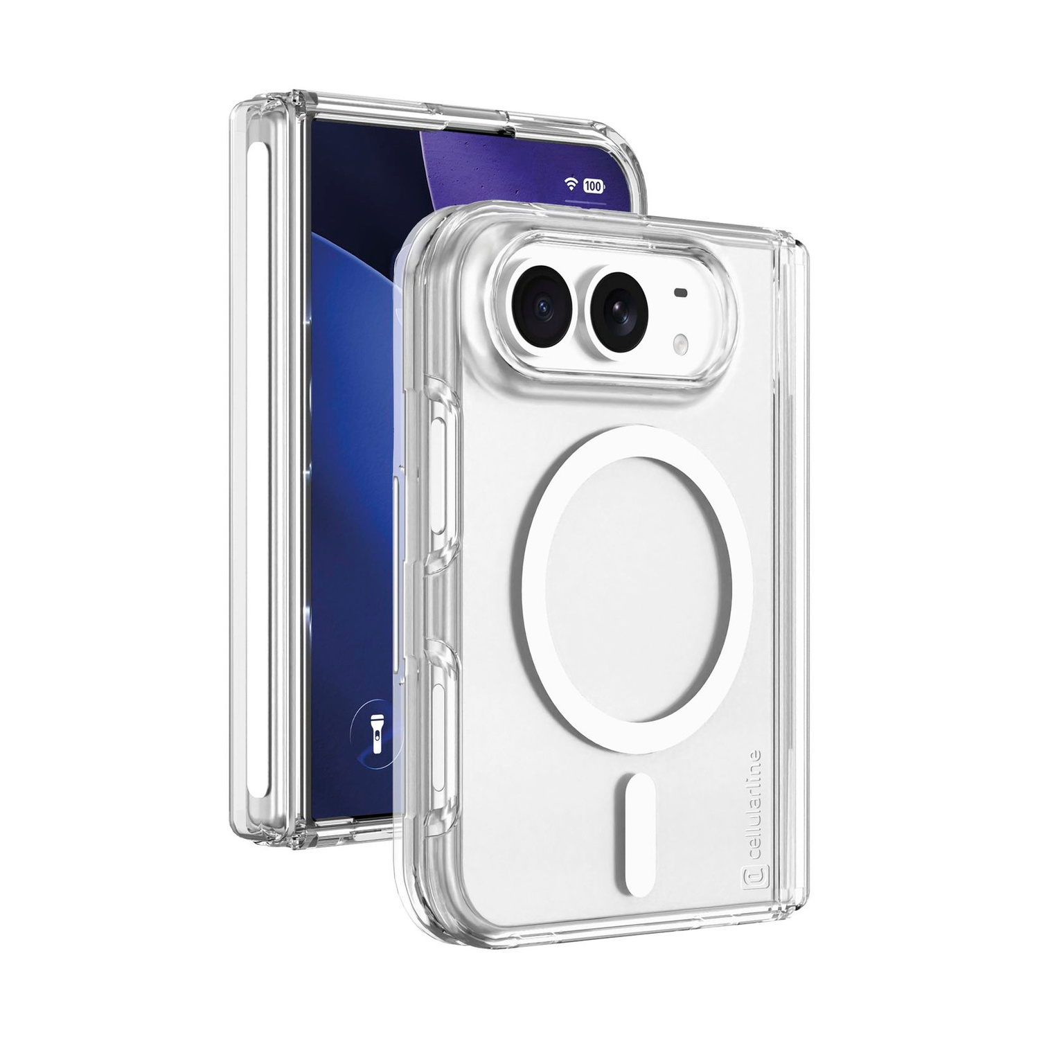 Custodia trasparente per telefono con anello MagSafe e ritaglio per fotocamera.
