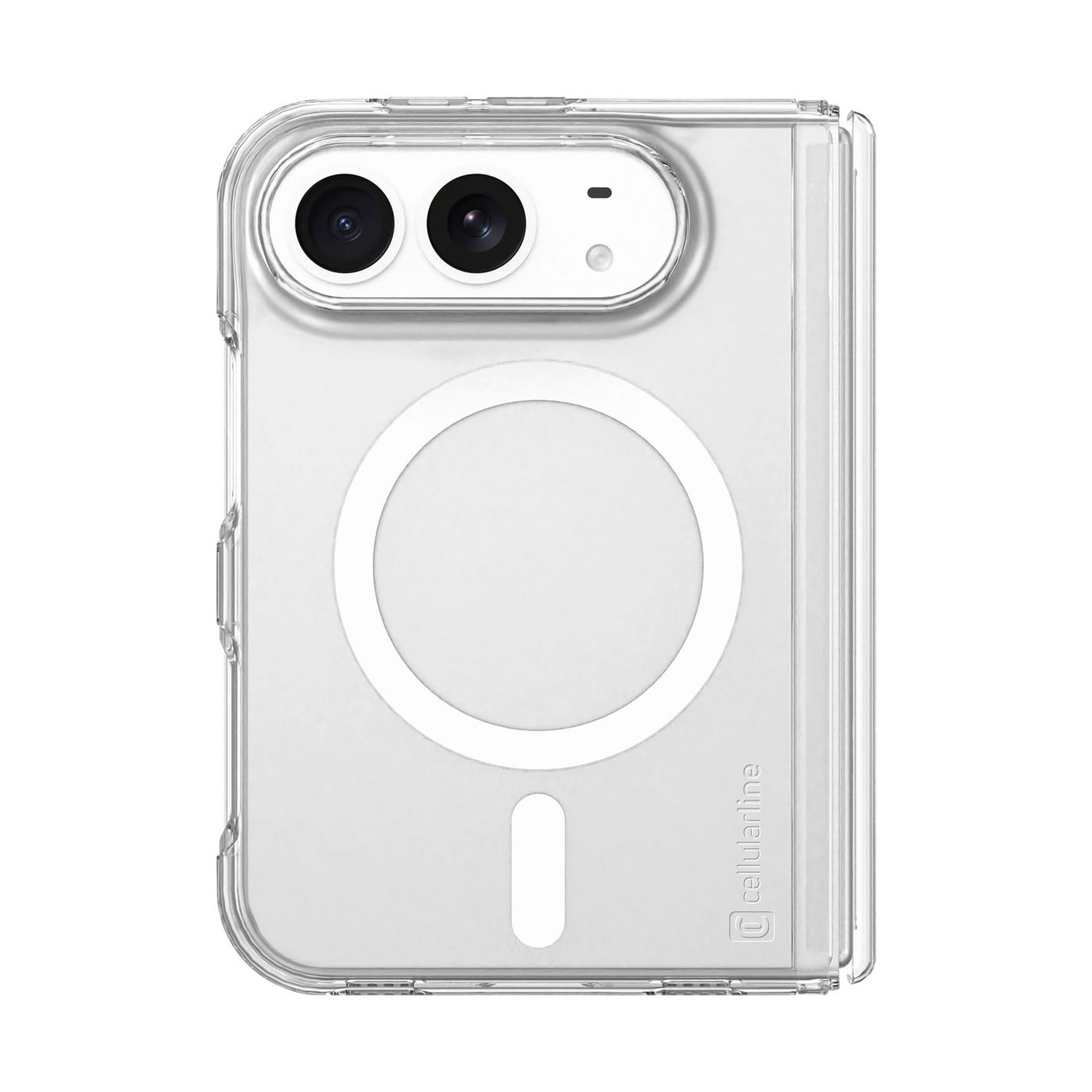 Custodia trasparente per telefono con anello MagSafe e ritaglio per fotocamera su sfondo bianco.