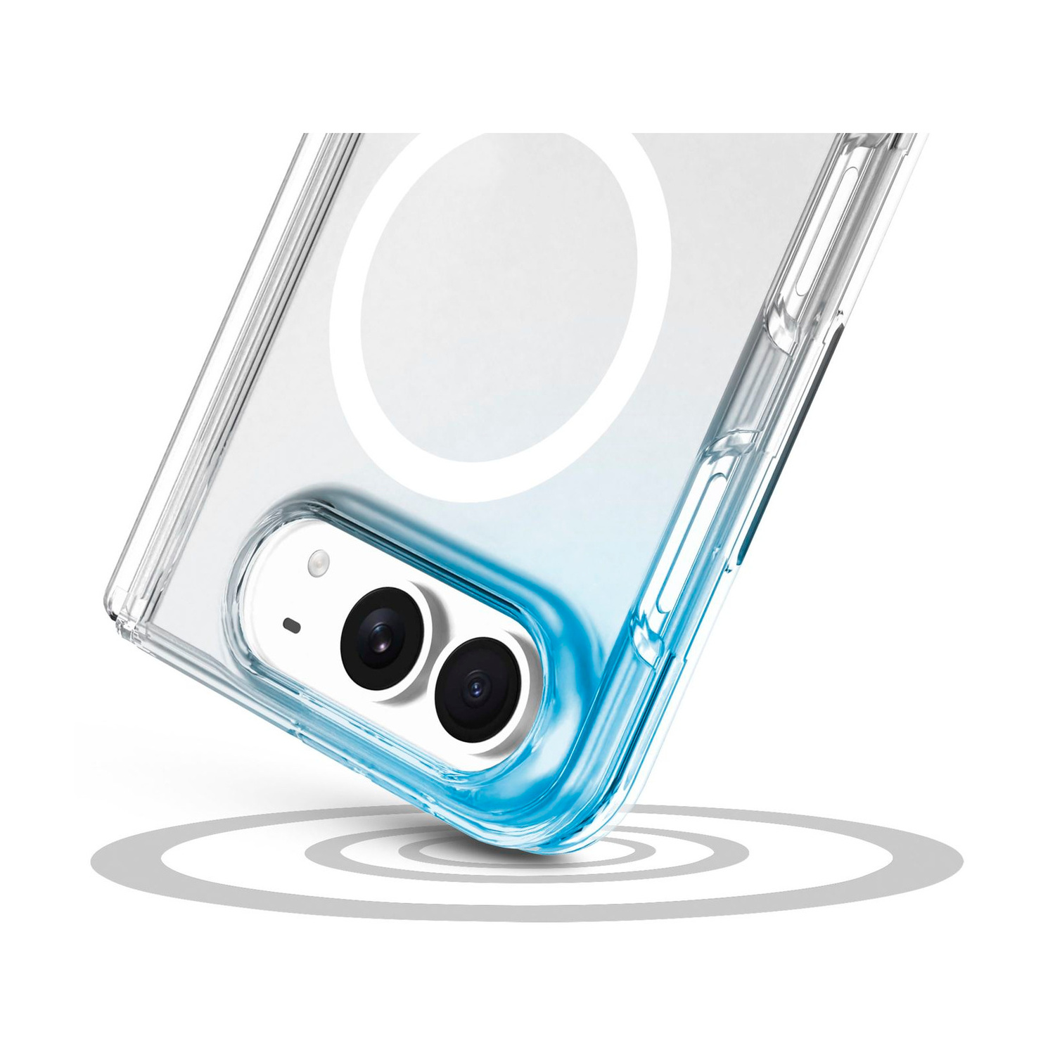 Custodia trasparente per smartphone con dettagli blu, doppia fotocamera e anello.