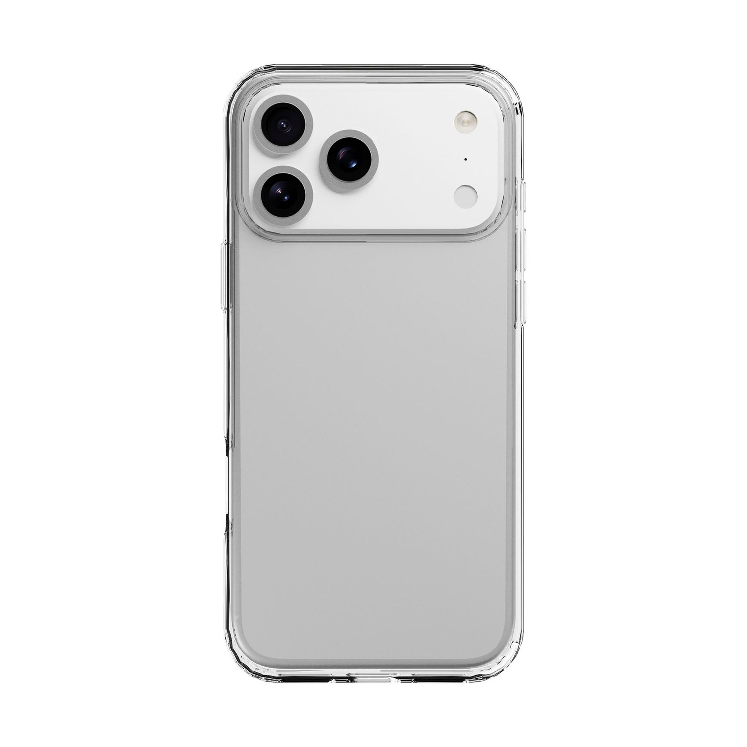 Vista posteriore di uno smartphone grigio con custodia protettiva trasparente e tre obiettivi rotondi.