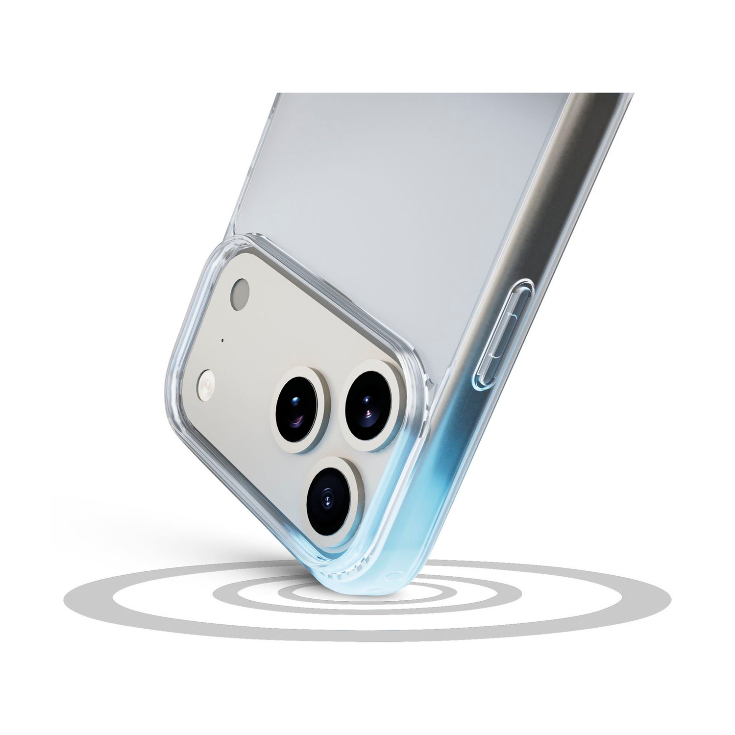 Smartphone in custodia trasparente sopra anelli di segnale grigi su sfondo bianco.