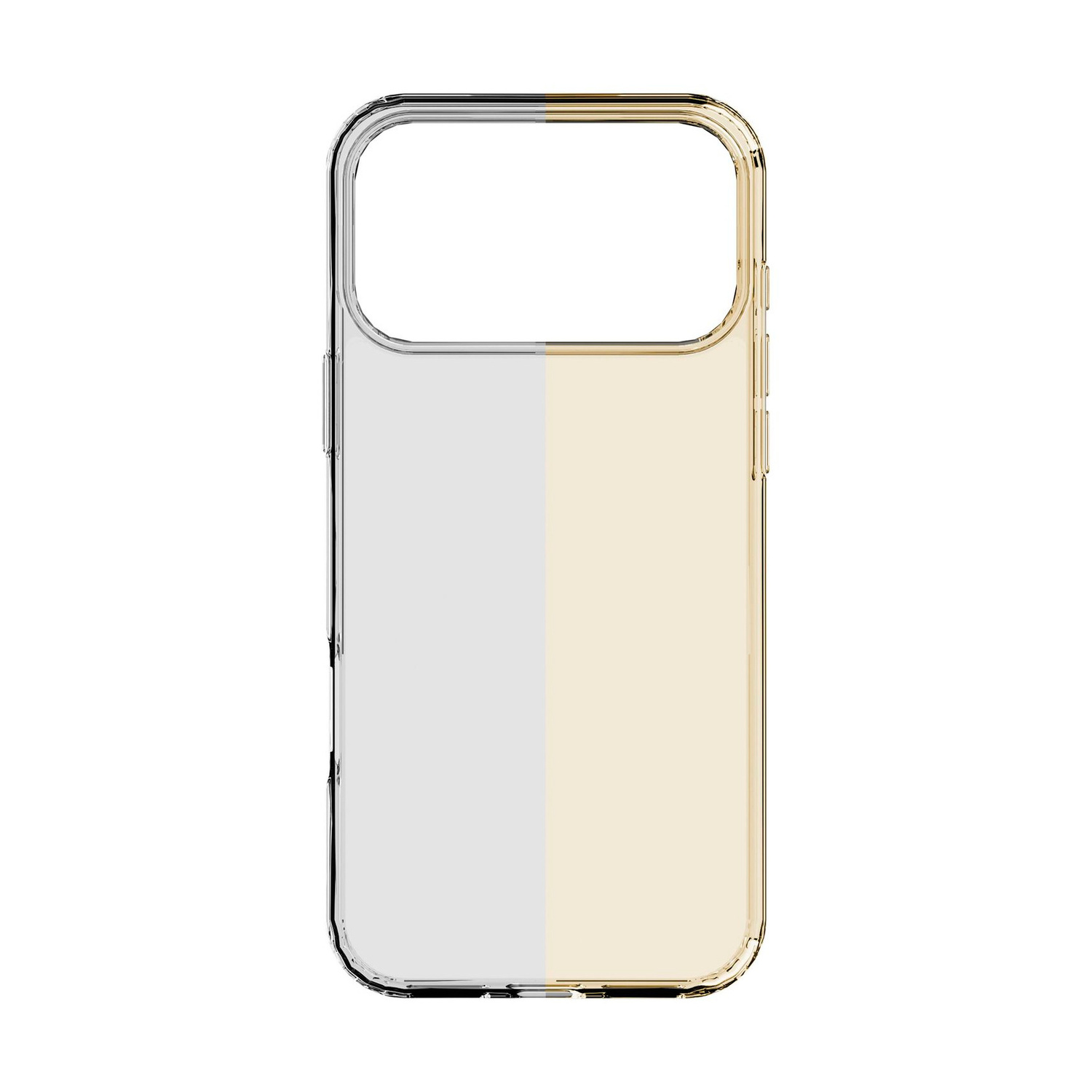 Una custodia per telefono trasparente e dorata su sfondo bianco.