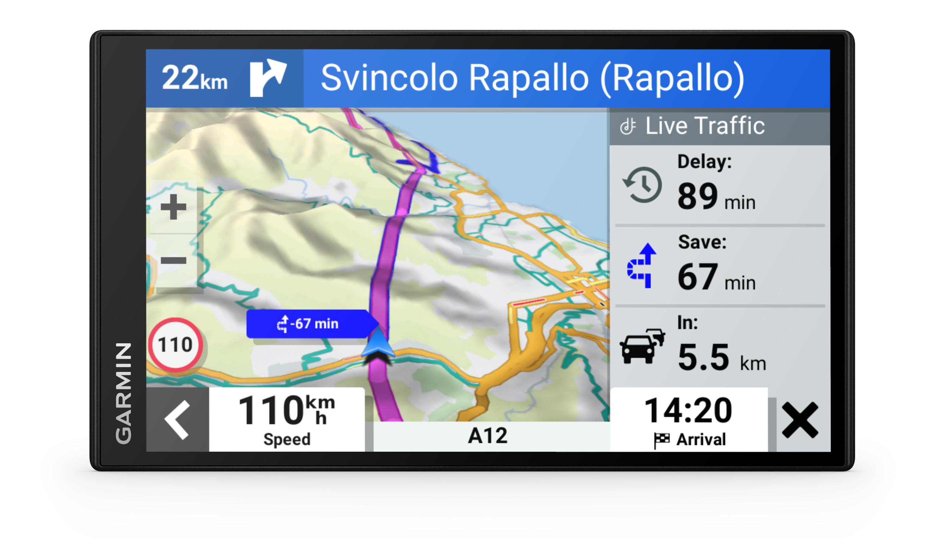 Garmin-Navigationsgerät mit 3D-Karte, A12-Route, Live-Verkehrsinformationen mit 89 Minuten Verzögerung und Tempo 110.