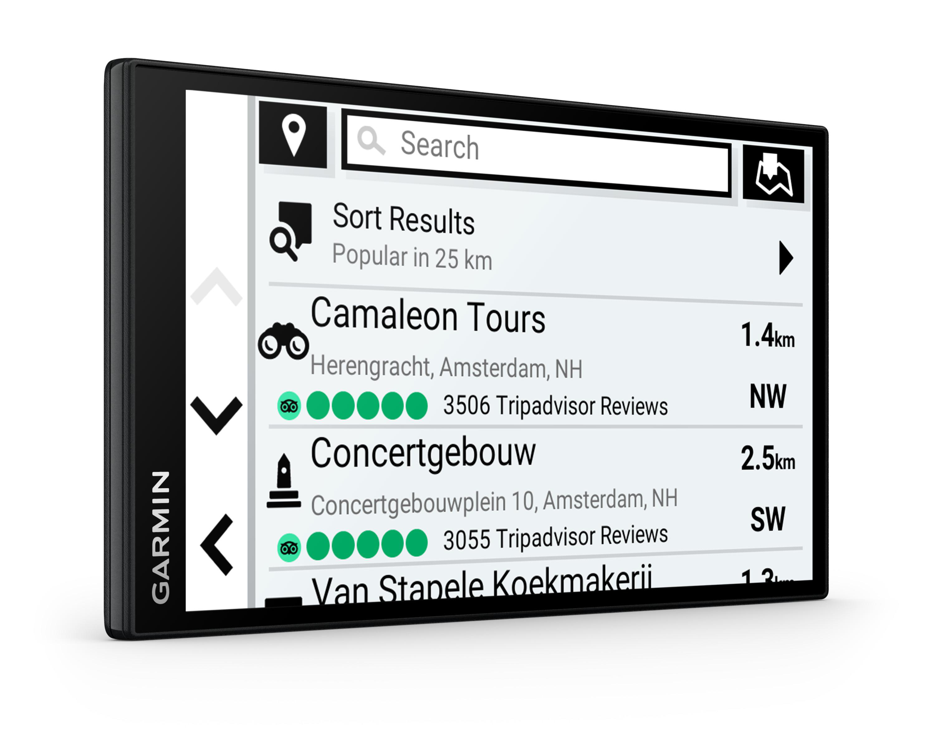 Garmin-GPS-Gerät zeigt eine Suchergebnisliste mit Orten wie Camaleon Tours und Concertgebouw an.