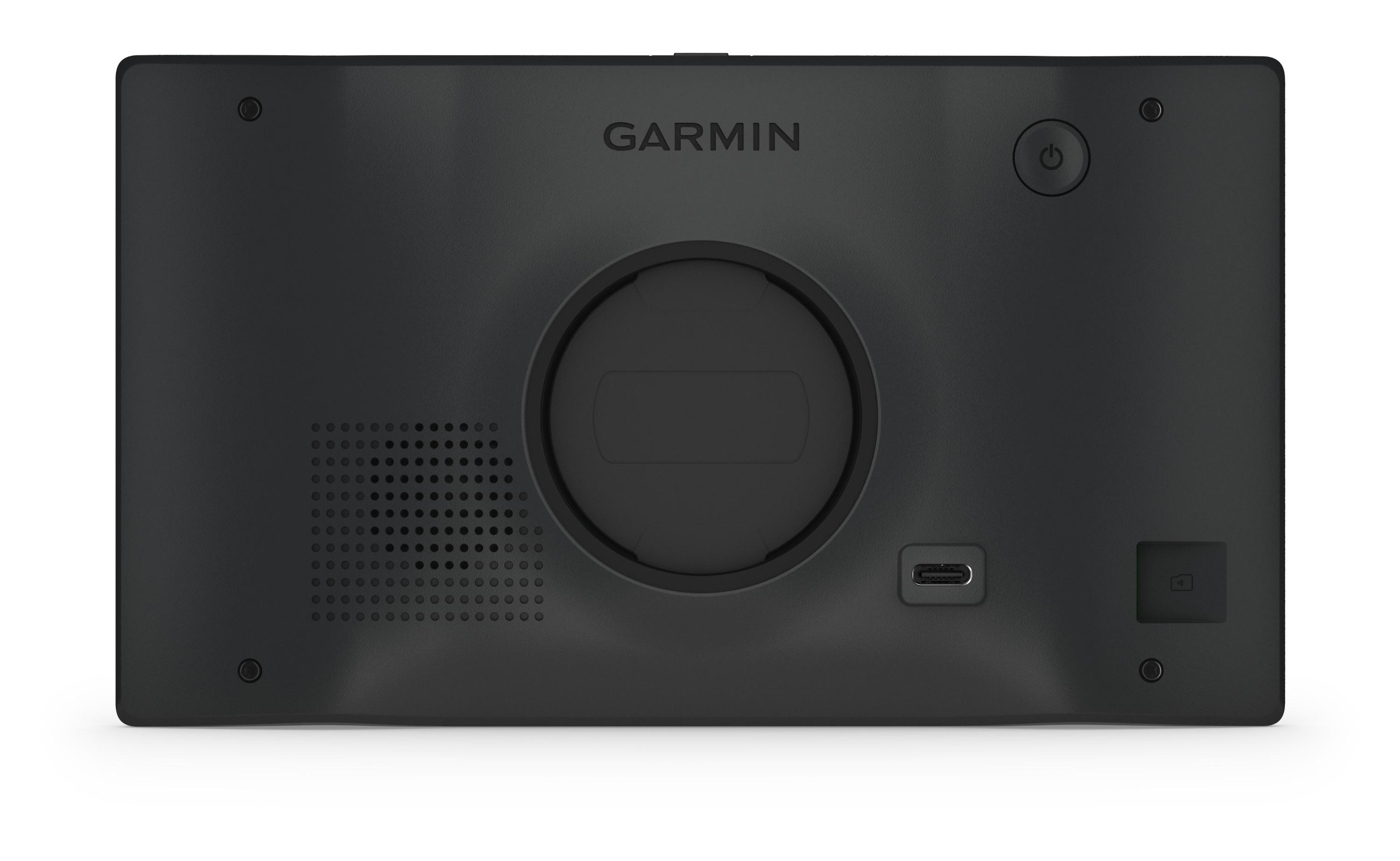 Rückseite eines schwarzen Garmin-Geräts mit runder Halterung, Lautsprechergitter, USB-C-Anschluss und Einschalttaste.