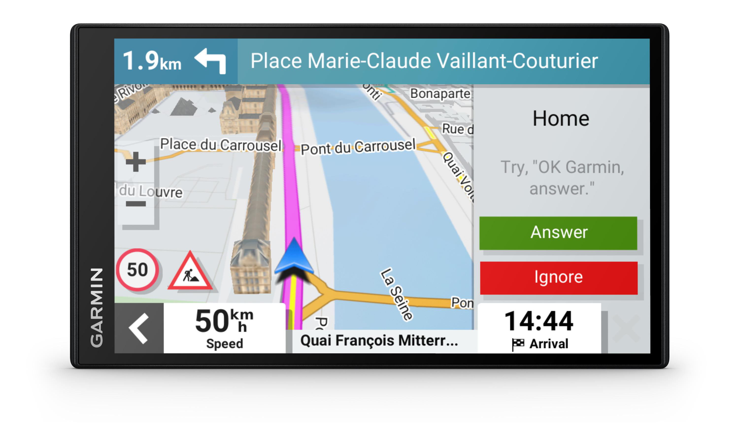 Garmin-GPS-Gerät zeigt eine Navigationskarte von Paris mit Fluss, Straßen und eingehendem Anruf.