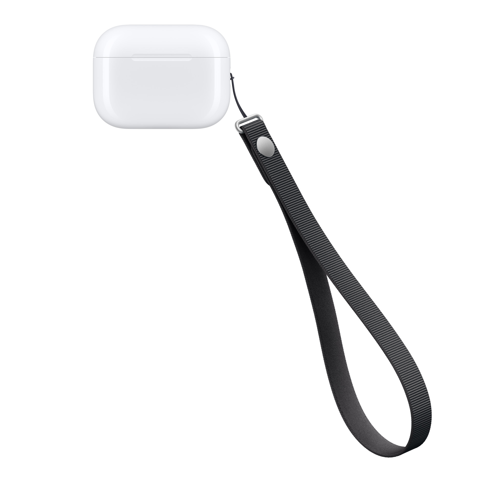 Ein weißes AirPods-Ladeetui mit einem angebrachten schwarzen Trageband vor weißem Hintergrund.