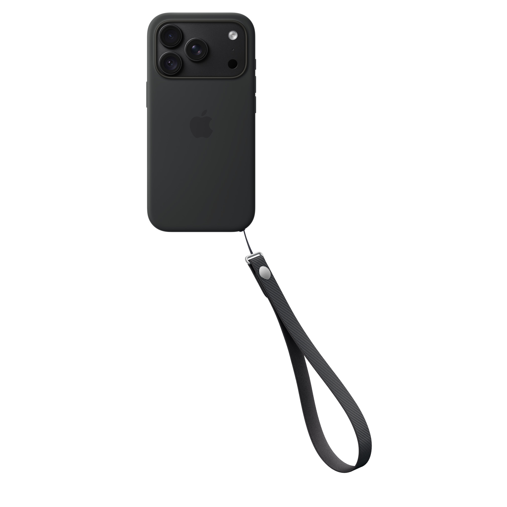 Ein schwarzes Smartphone mit Hülle und schwarzer Handschlaufe vor weißem Hintergrund.